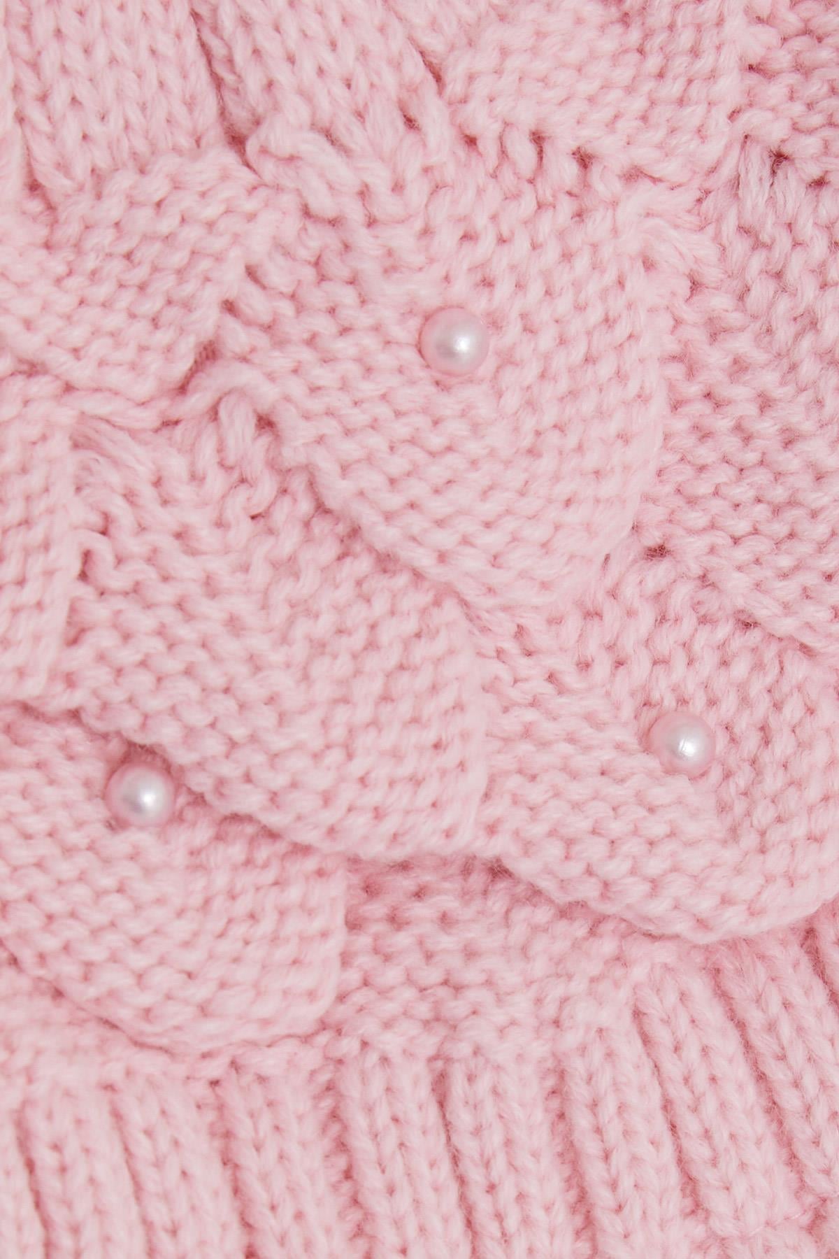 Kitti Kız Çocuk Atkı Bere Takımı 3 lü Set İncili Ponponlu Pembe (4-8 Yaş)
