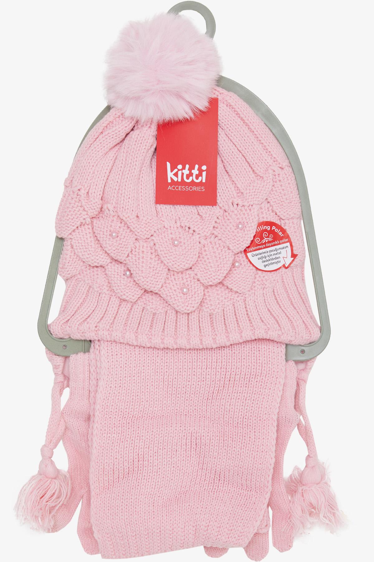 Kitti Kız Çocuk Atkı Bere Takımı 3 lü Set İncili Ponponlu Pembe (4-8 Yaş)