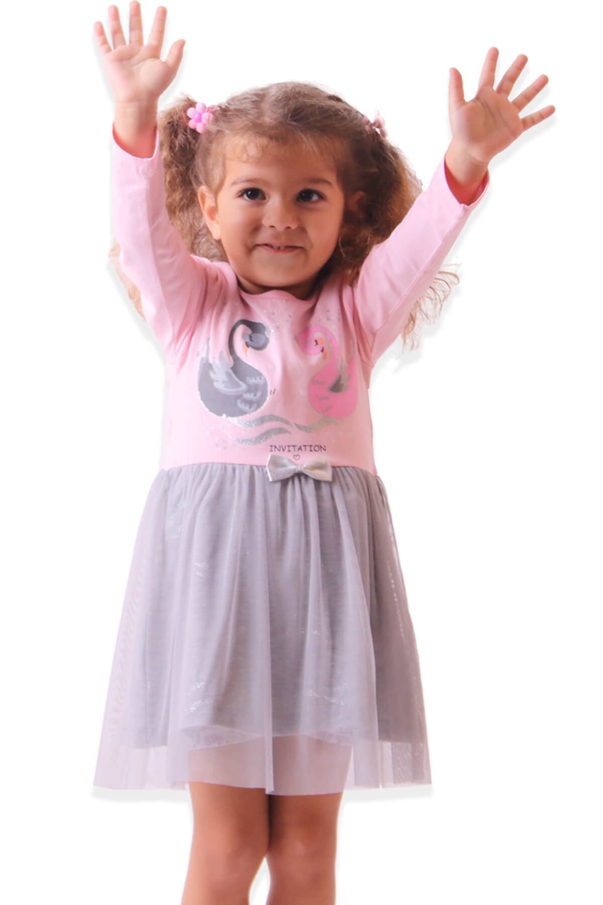 Kız Çocuk Elbise Kuğulu Tüllü Pembe-Gri (1,5-5 Yaş) BREEZE