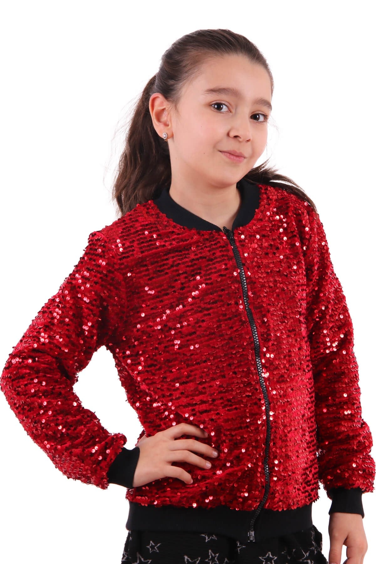 Kız Çocuk Hırka Kadife Pullu Kırmızı-Siyah (8-10 Yaş) BREEZE