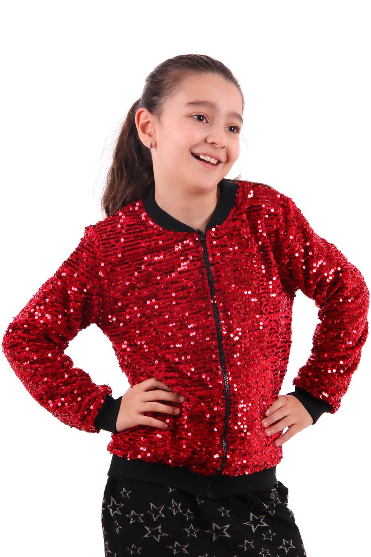 Kız Çocuk Hırka Kadife Pullu Kırmızı-Siyah (8-10 Yaş) BREEZE