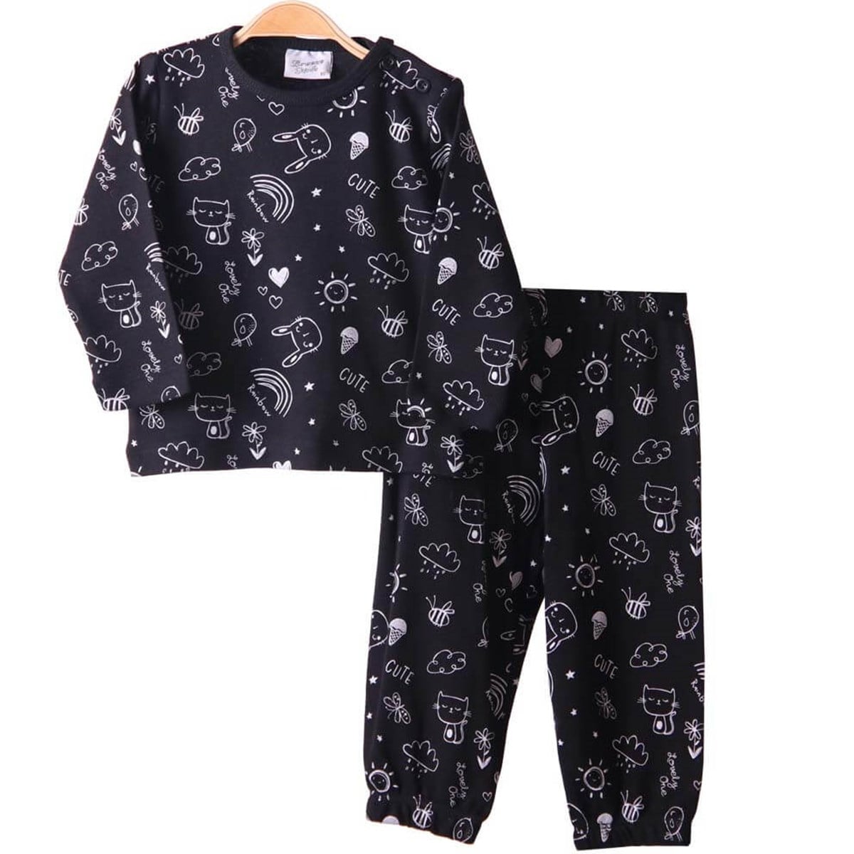 Kız Çocuk Pijama Takımı Kedili Siyah (1-4 Yaş) BREEZE