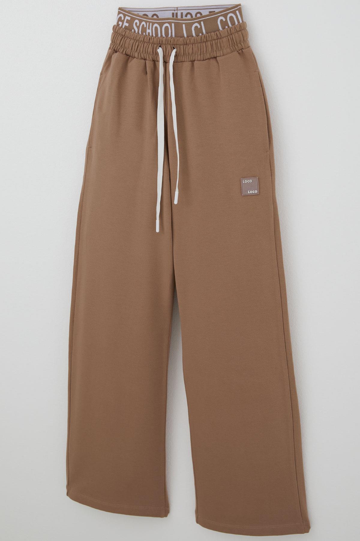 Locoloco Kız Çocuk Eşofman Altı Boxer Detaylı Bağcıklı Armalı Kahverengi (9-14 Yaş)