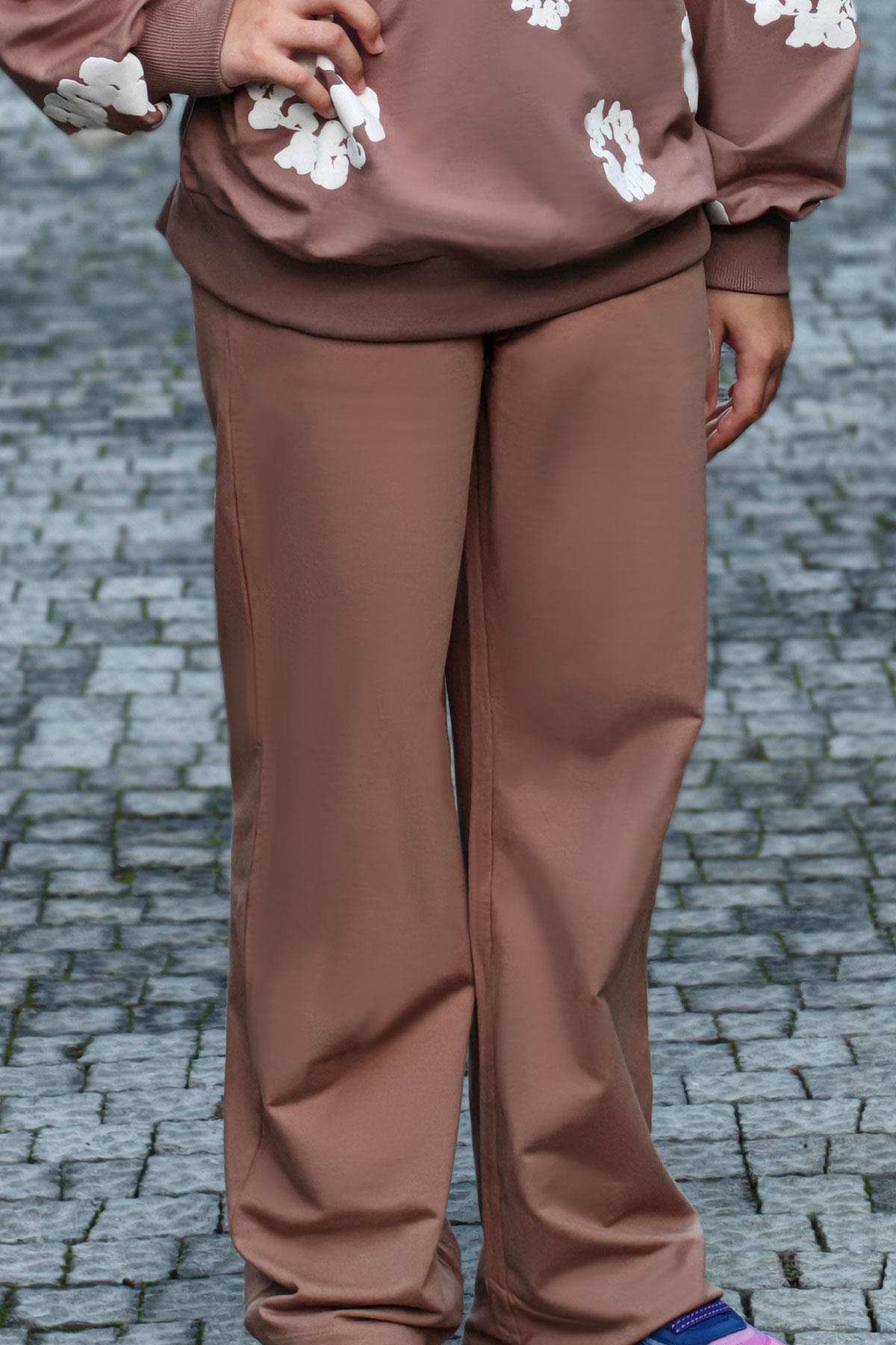 Locoloco Kız Çocuk Eşofman Altı Boxer Detaylı Bağcıklı Armalı Kahverengi (9-14 Yaş)