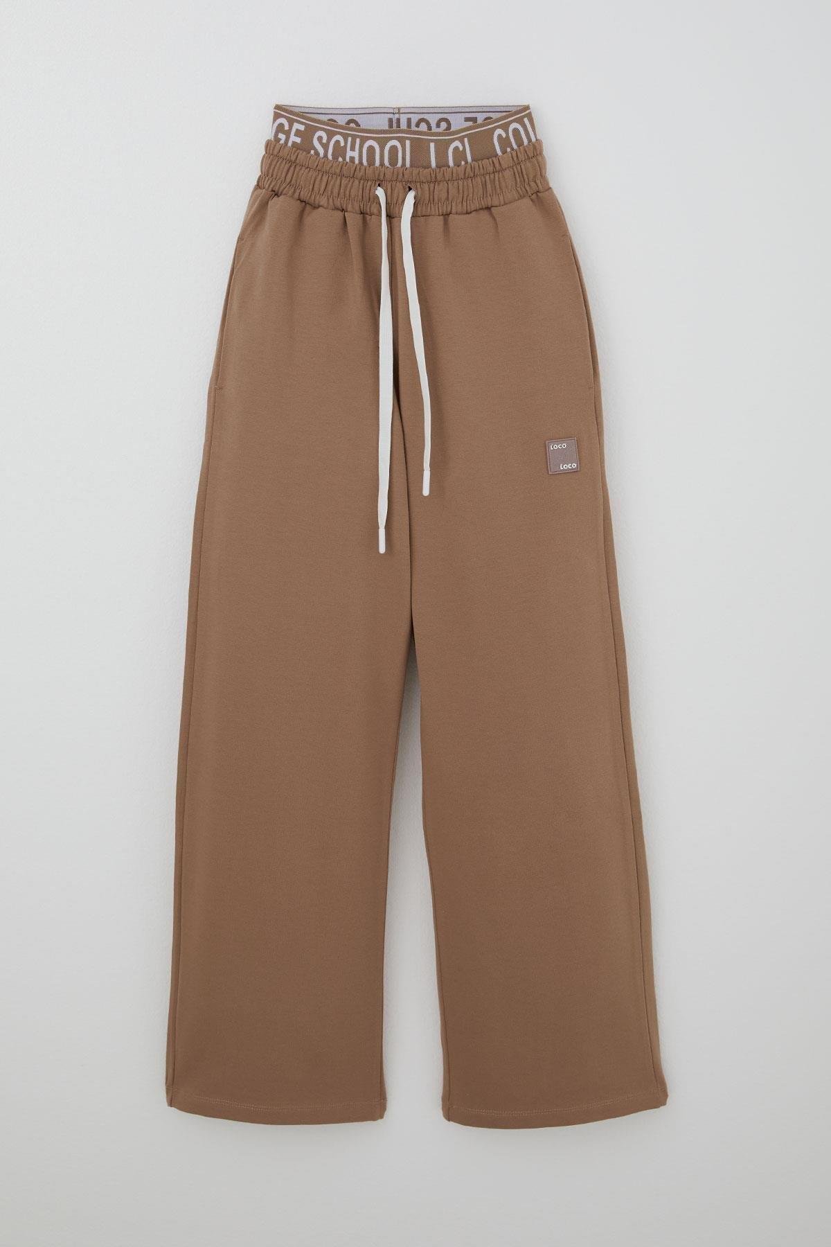 Locoloco Kız Çocuk Eşofman Altı Boxer Detaylı Bağcıklı Armalı Kahverengi (9-14 Yaş)