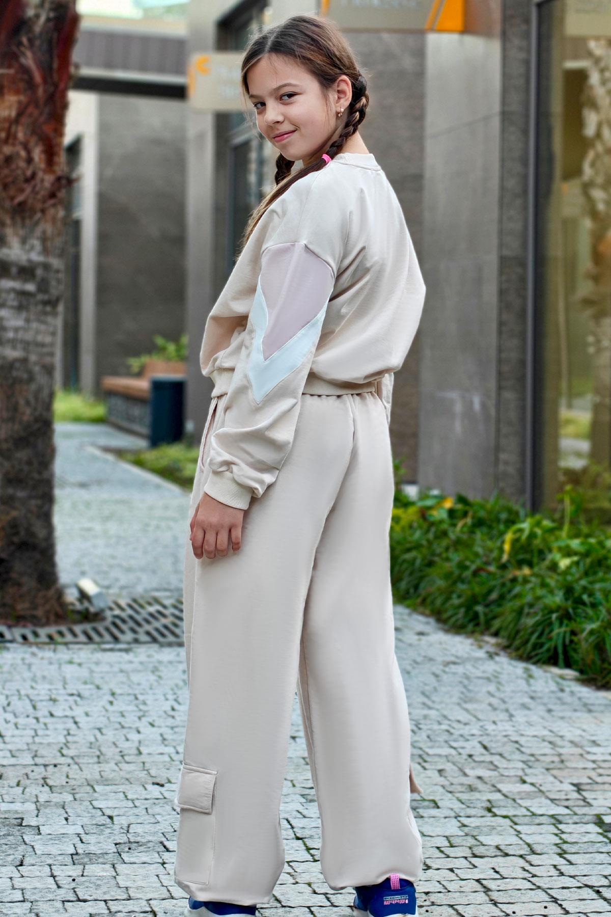 Locoloco Kız Çocuk Eşofman Takımı Armalı Kargo Cepli Beli Paçası Lastikli Krem (9-14 Yaş)