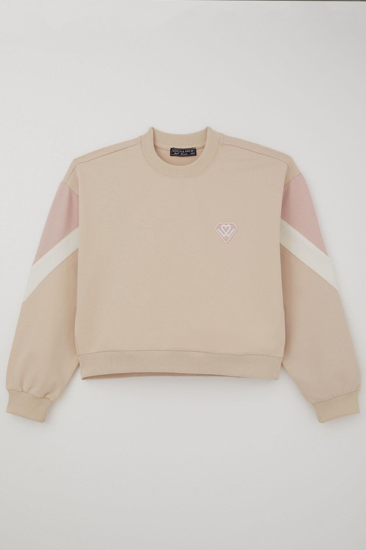 Locoloco Kız Çocuk Eşofman Takımı Armalı Kargo Cepli Beli Paçası Lastikli Krem (9-14 Yaş)