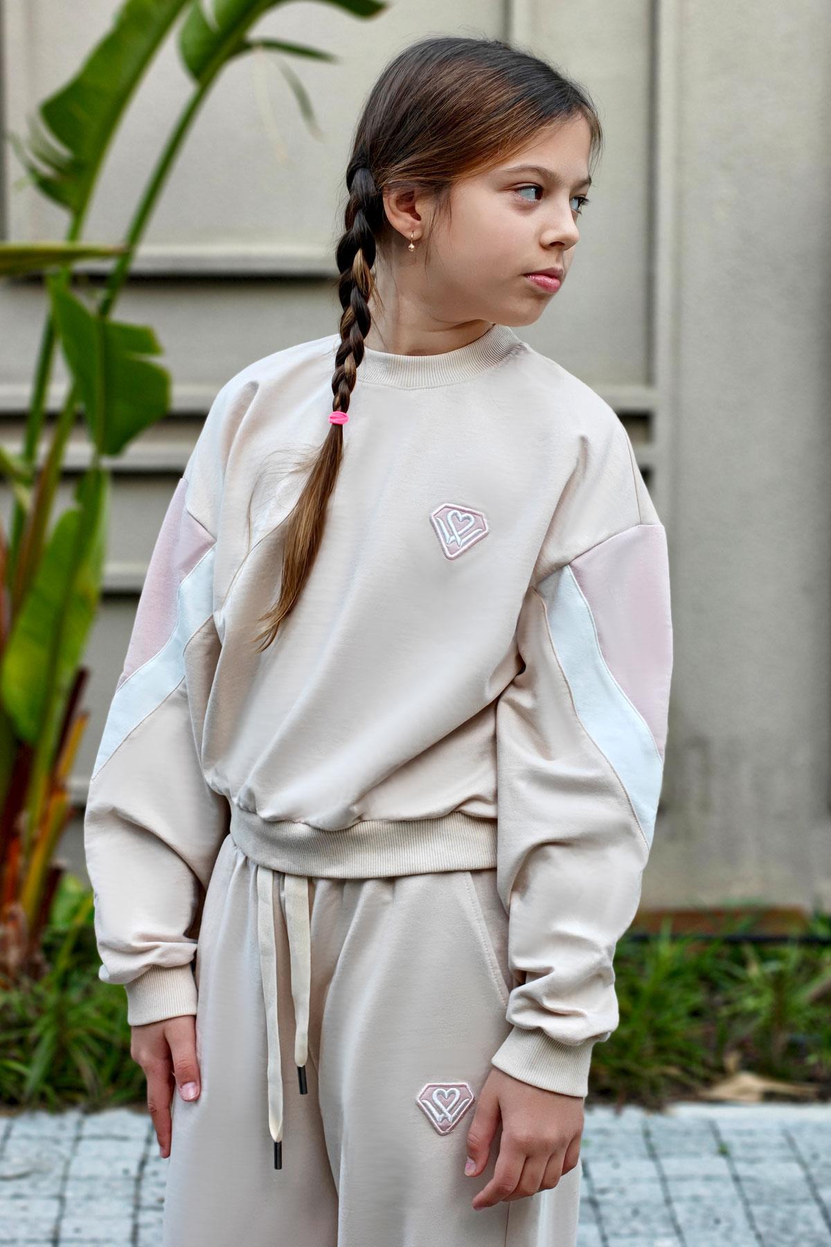 Locoloco Kız Çocuk Eşofman Takımı Armalı Kargo Cepli Beli Paçası Lastikli Krem (9-14 Yaş)