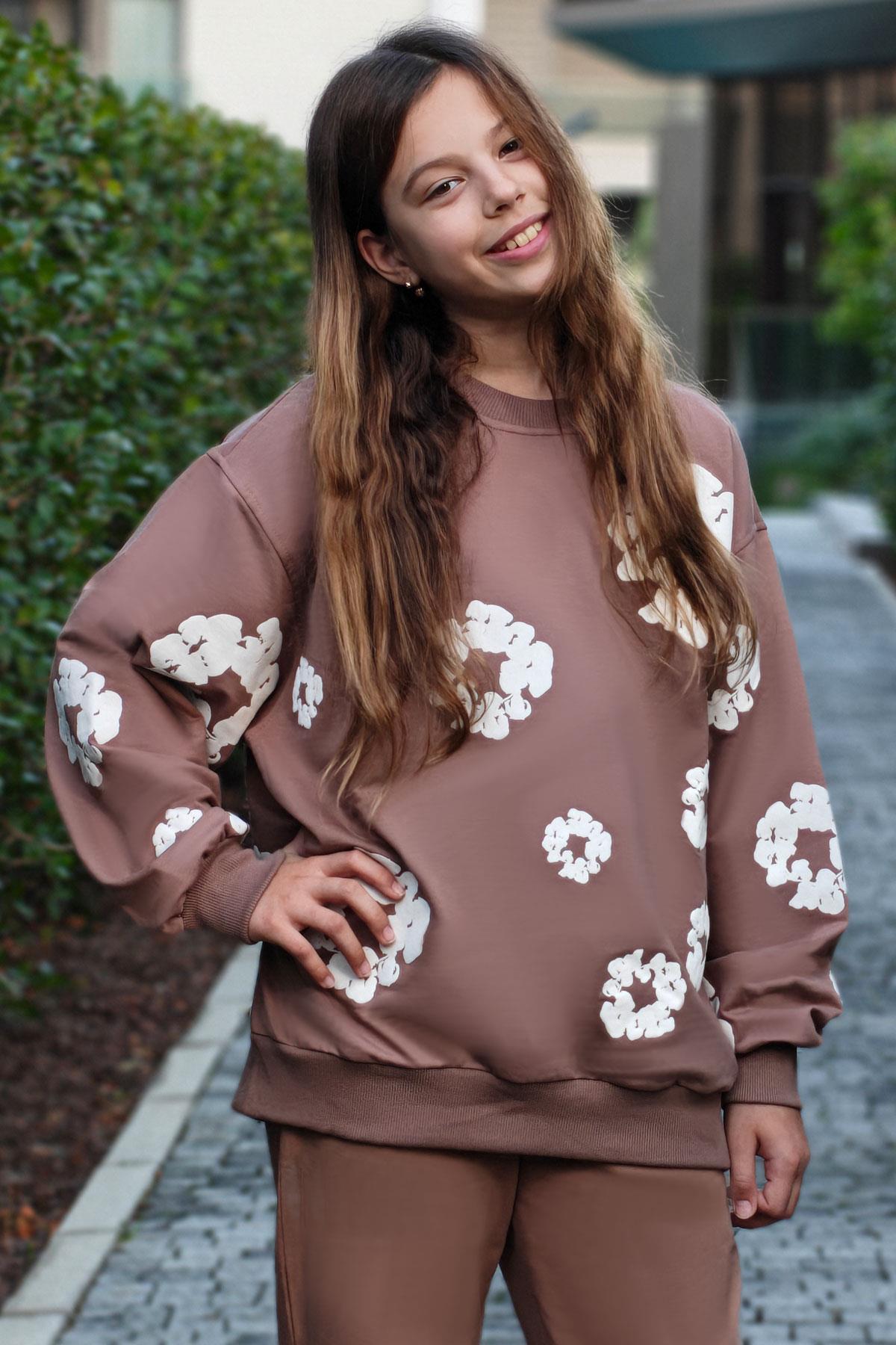 Locoloco Kız Çocuk Sweatshirt Çiçek Baskılı Kahverengi (9-14 Yaş)