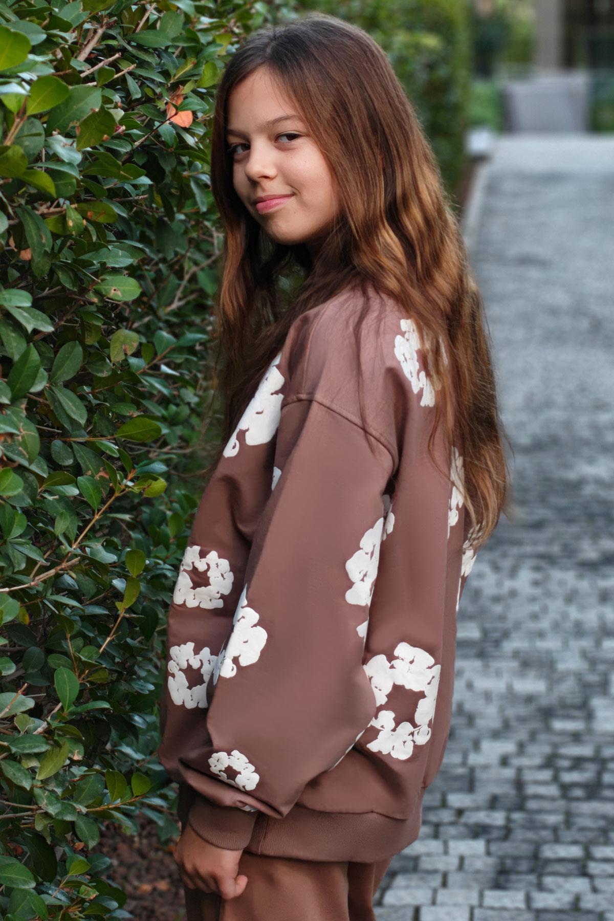Locoloco Kız Çocuk Sweatshirt Çiçek Baskılı Kahverengi (9-14 Yaş)