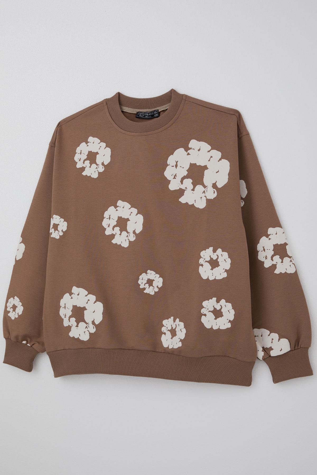 Locoloco Kız Çocuk Sweatshirt Çiçek Baskılı Kahverengi (9-14 Yaş)
