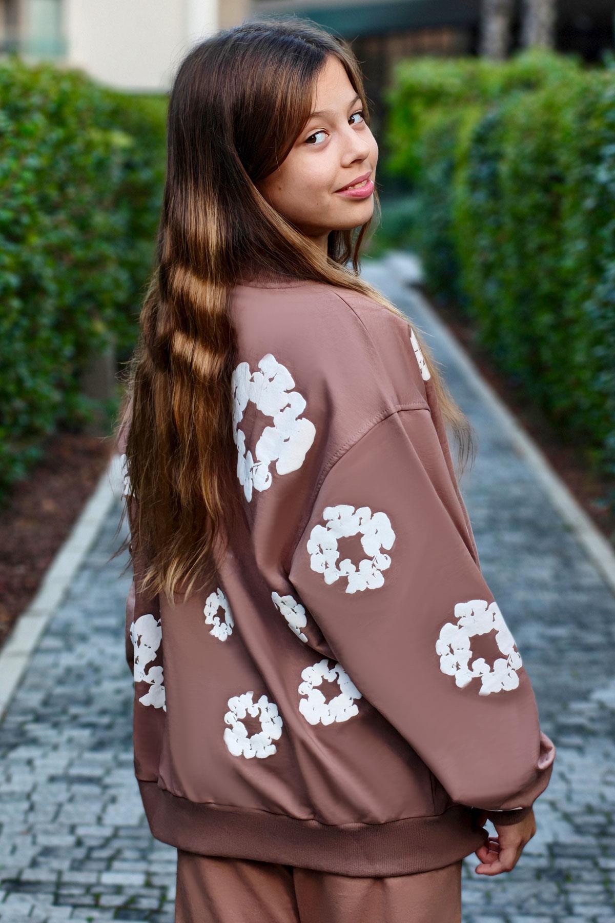 Locoloco Kız Çocuk Sweatshirt Çiçek Baskılı Kahverengi (9-14 Yaş)