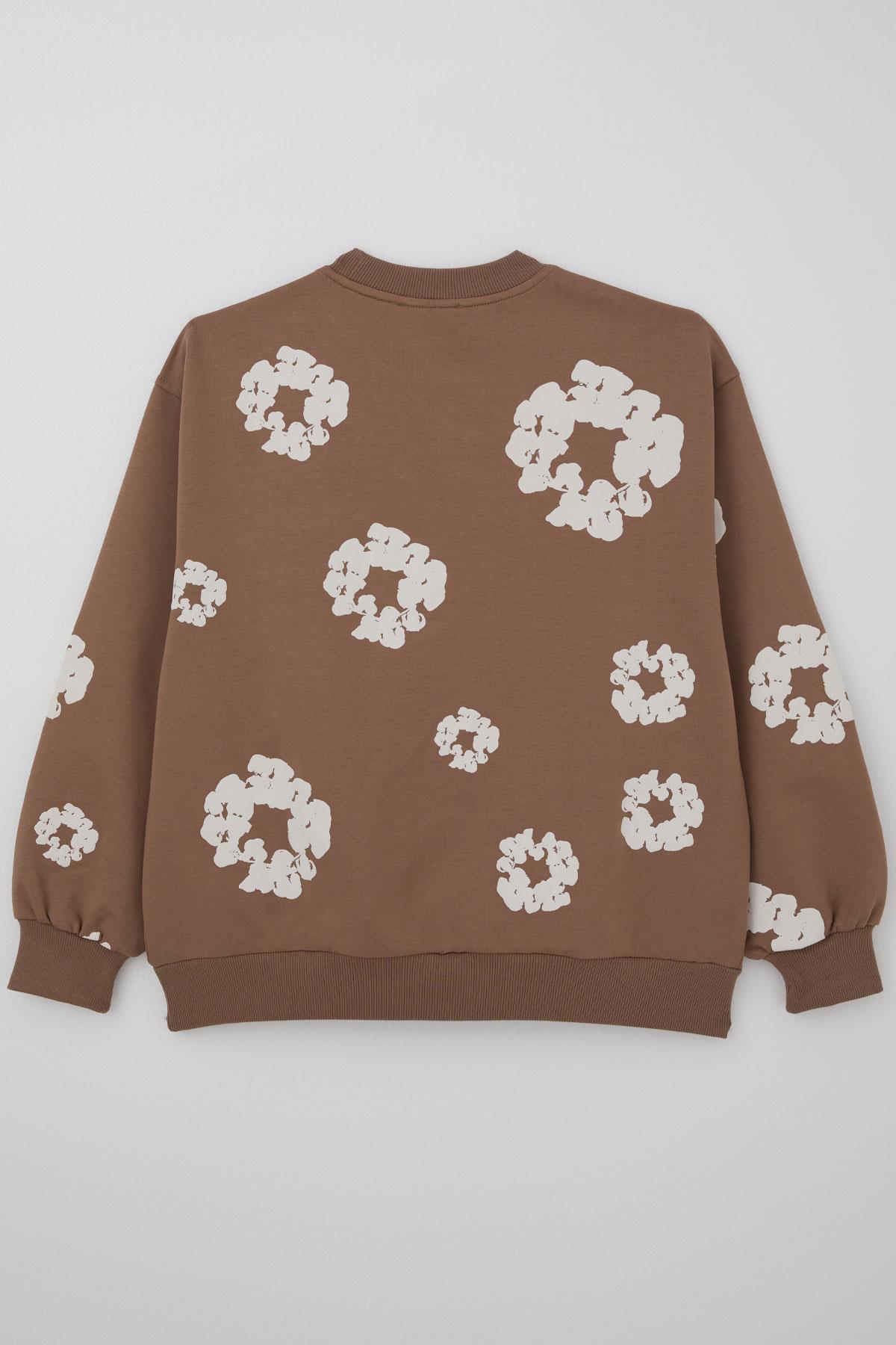 Locoloco Kız Çocuk Sweatshirt Çiçek Baskılı Kahverengi (9-14 Yaş)