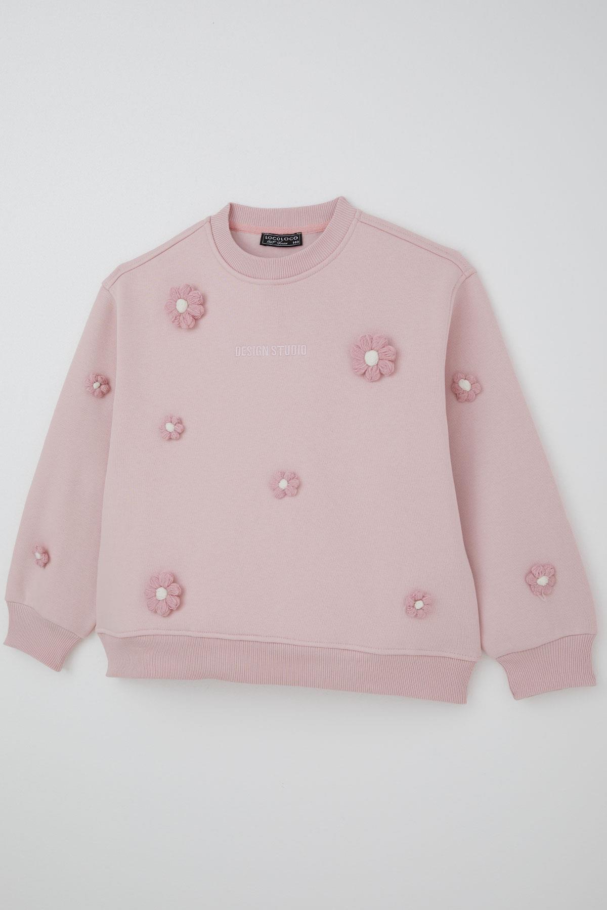Locoloco Kız Çocuk Sweatshirt Çiçek Motifli Pembe (9-14 Yaş)
