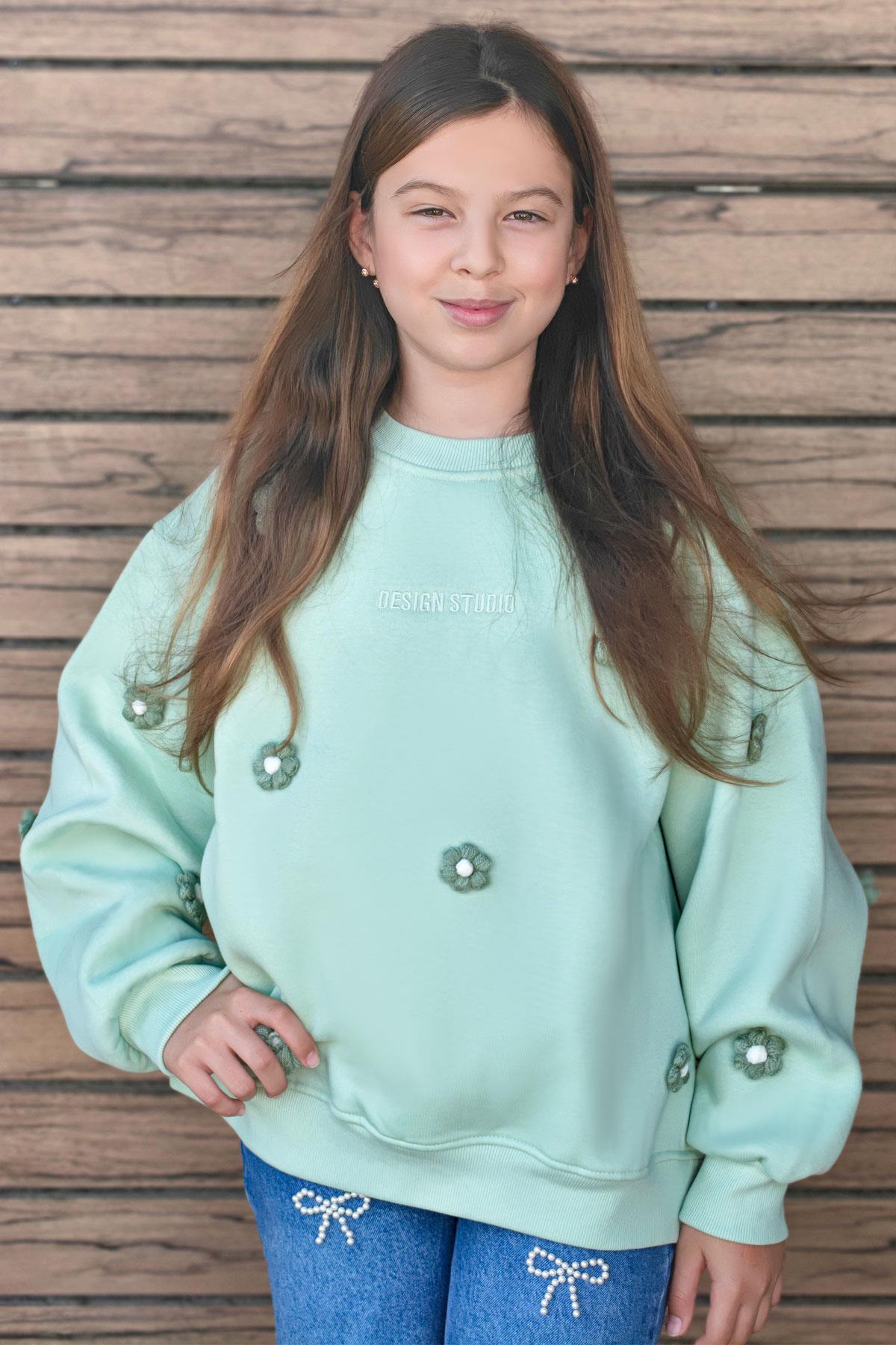 Locoloco Kız Çocuk Sweatshirt Çiçek Motifli Su Yeşili (9-14 Yaş)