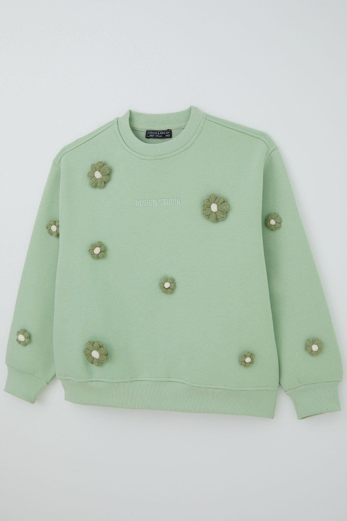 Locoloco Kız Çocuk Sweatshirt Çiçek Motifli Su Yeşili (9-14 Yaş)