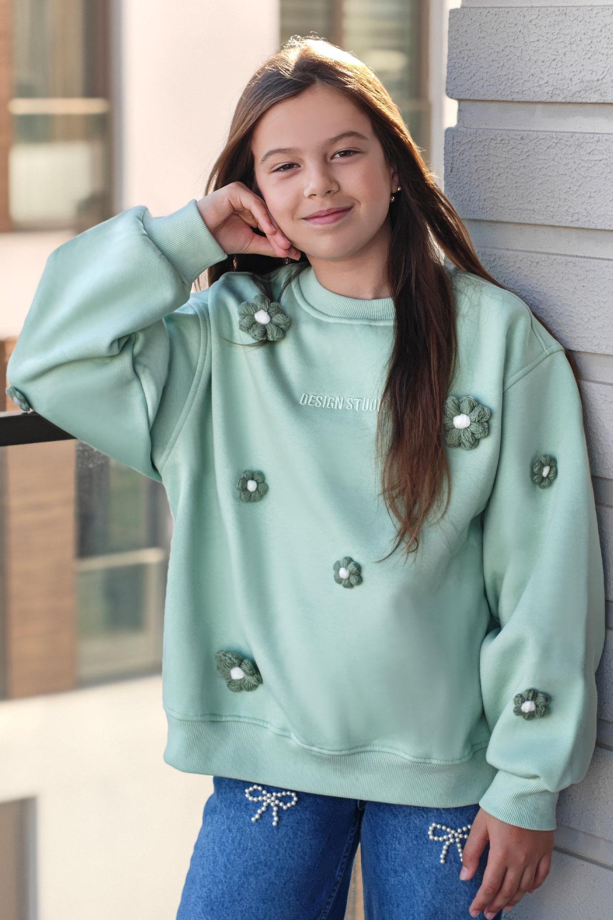 Locoloco Kız Çocuk Sweatshirt Çiçek Motifli Su Yeşili (9-14 Yaş)