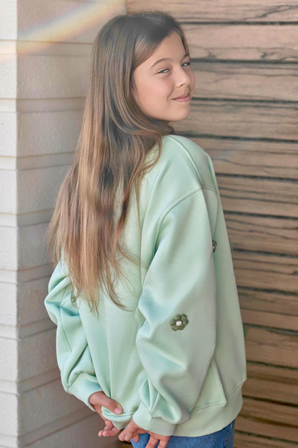 Locoloco Kız Çocuk Sweatshirt Çiçek Motifli Su Yeşili (9-14 Yaş)