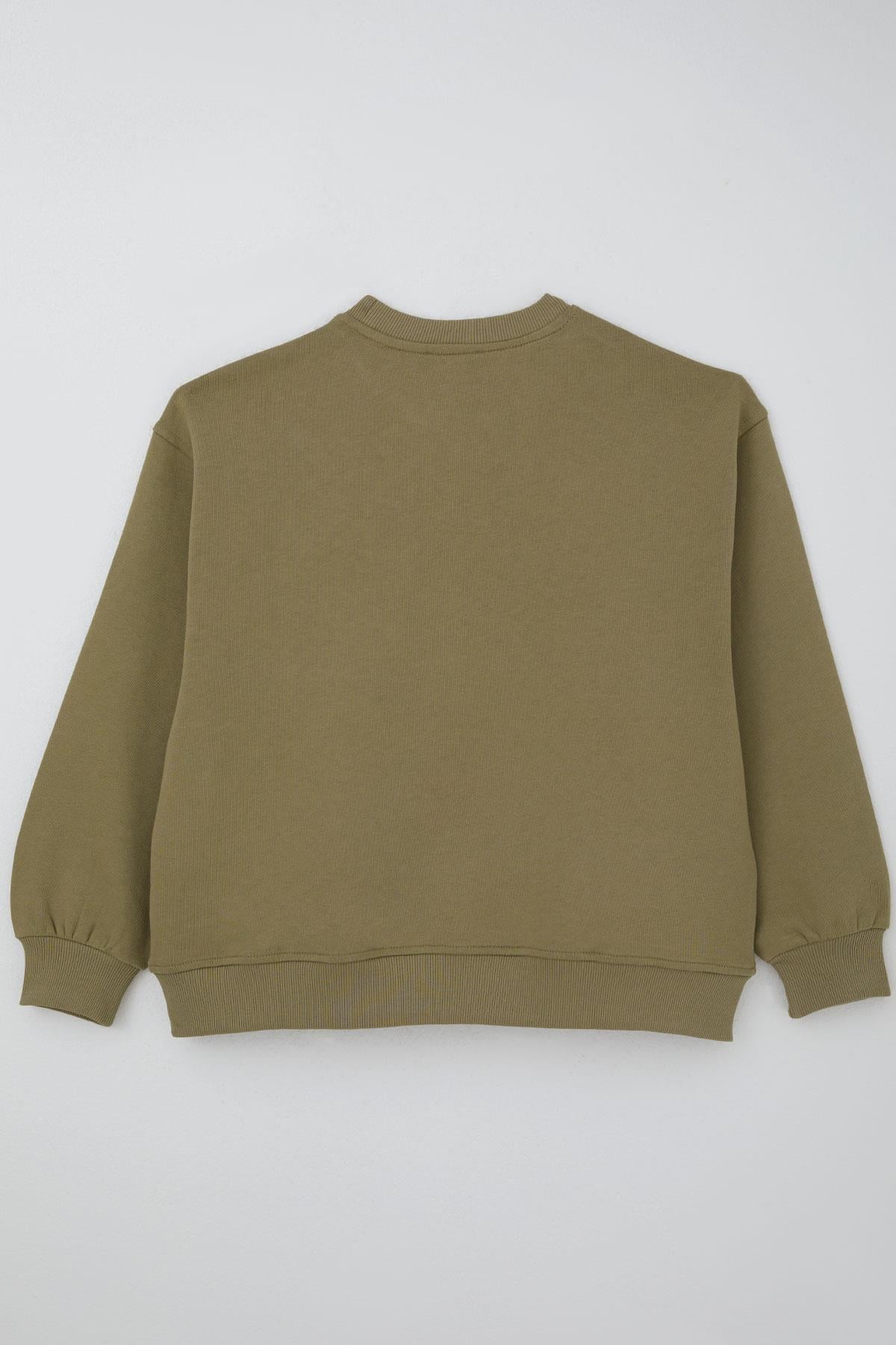 Locoloco Kız Çocuk Sweatshirt Kabartma Yazı Baskılı Haki Yeşil (9-14 Yaş)