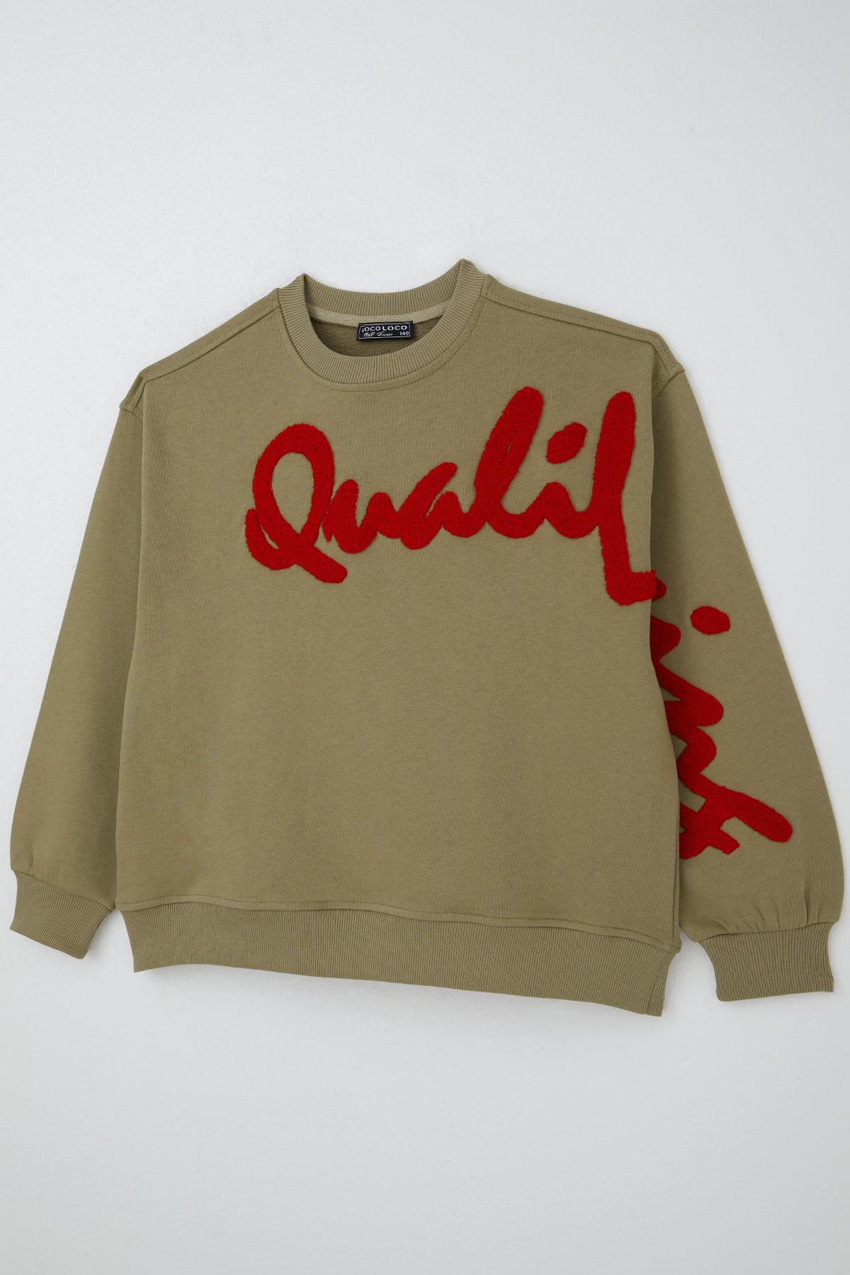 Locoloco Kız Çocuk Sweatshirt Kabartma Yazı Baskılı Haki Yeşil (9-14 Yaş)