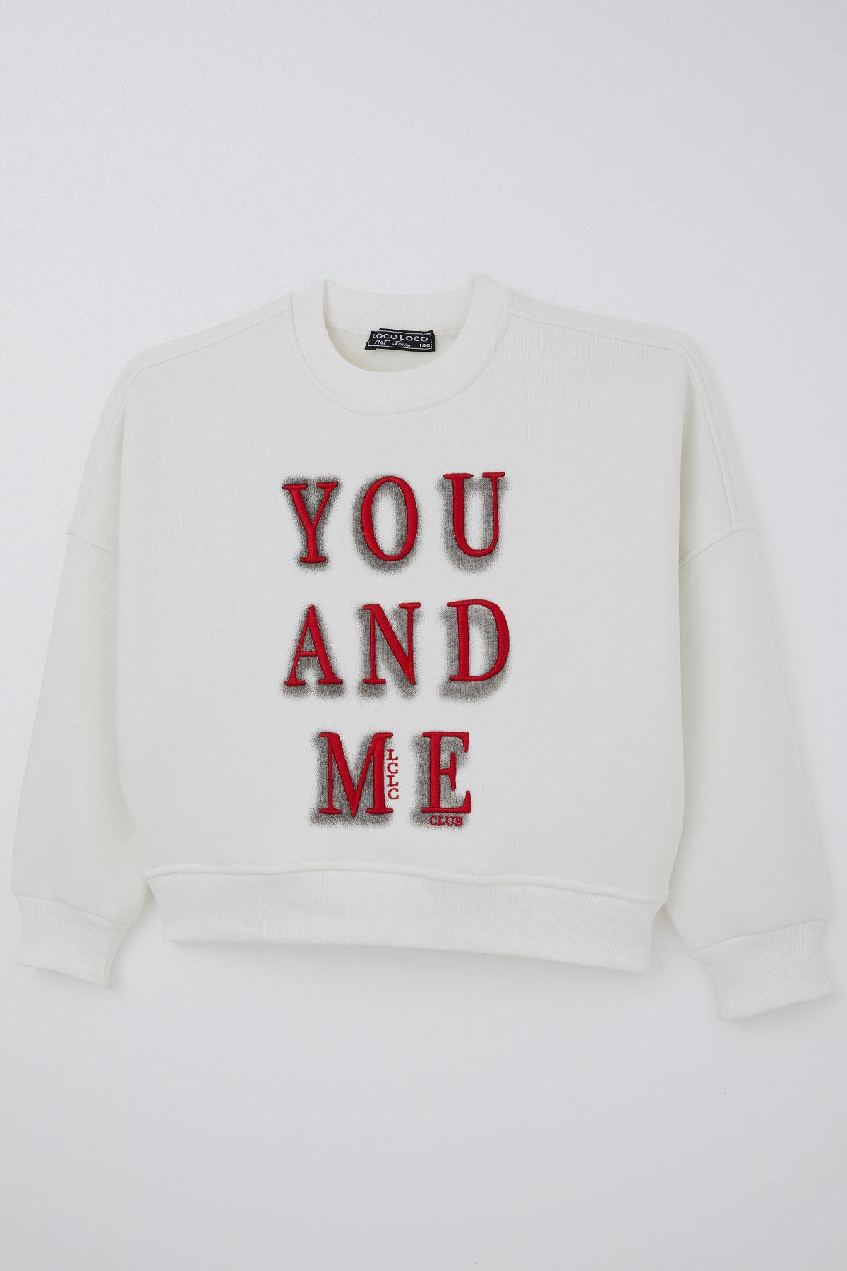 Locoloco Kız Çocuk Sweatshirt You And Me Yazı Nakışlı Ekru (9-14 Yaş)