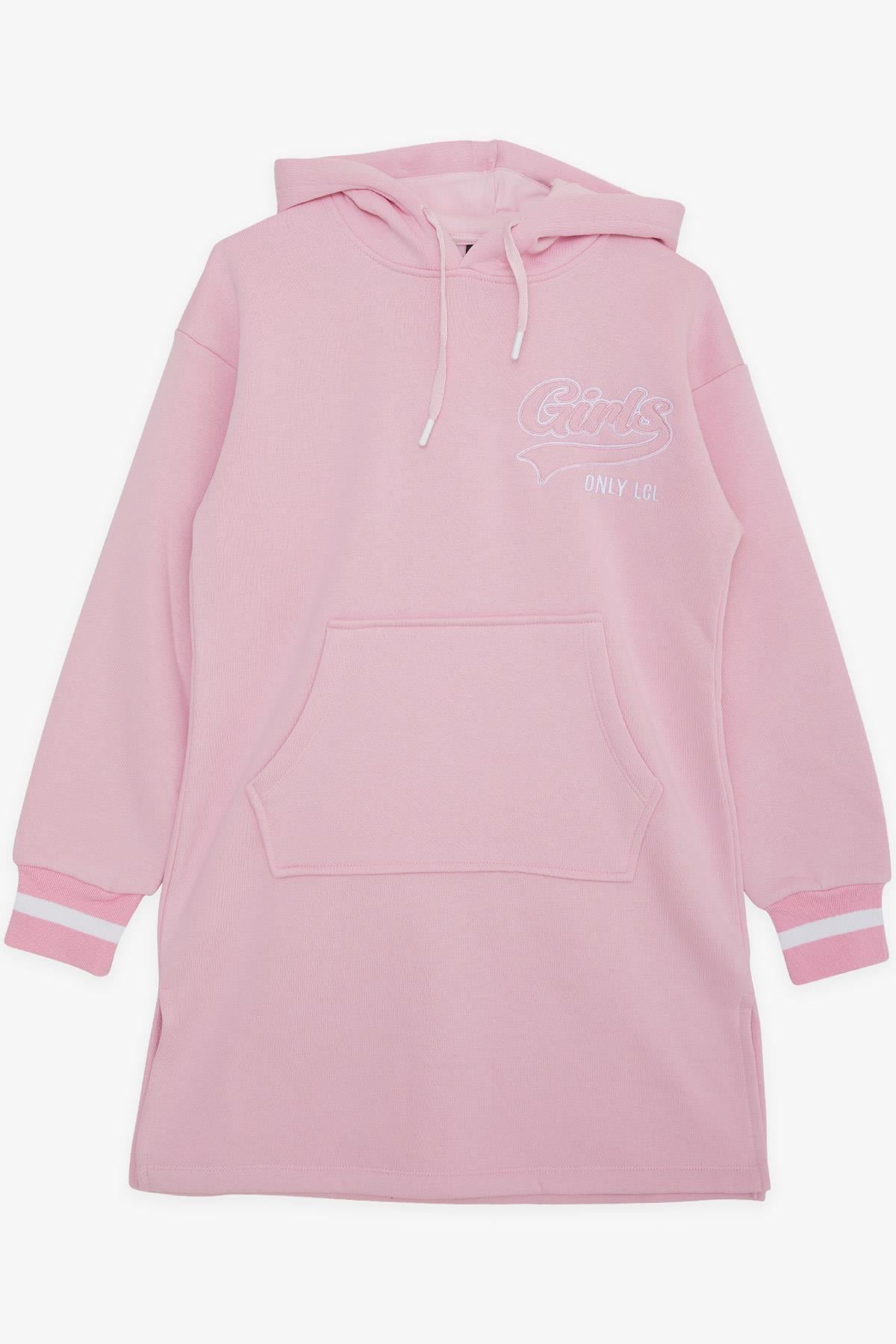 LOCOLOCO Kız Sweat Elbise Kolları Triko Kapüşonlu Yazı Nakışlı Pembe (9-13 Yaş)