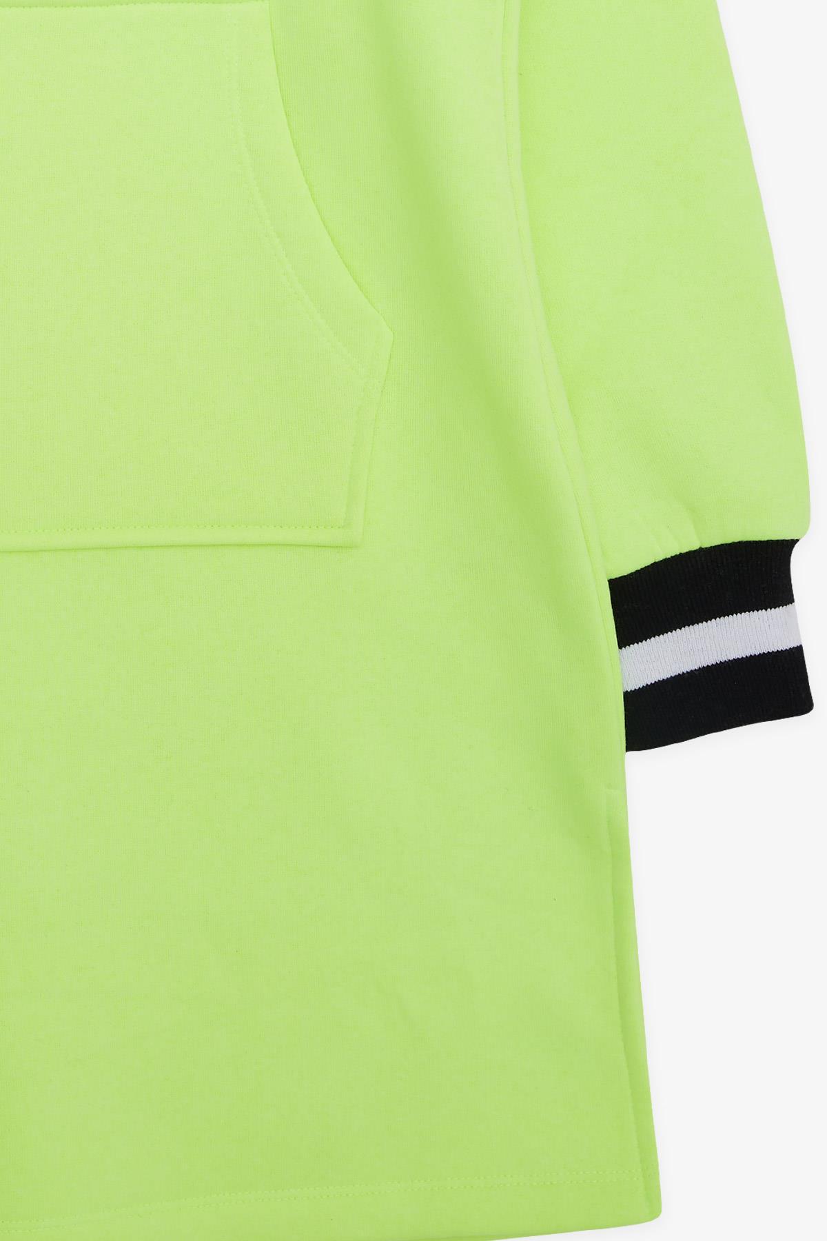 LOCOLOCO Kız Sweat Elbise Kolları Triko Kapüşonlu Yazı Nakışlı Neon Sarı (9-13 Yaş)