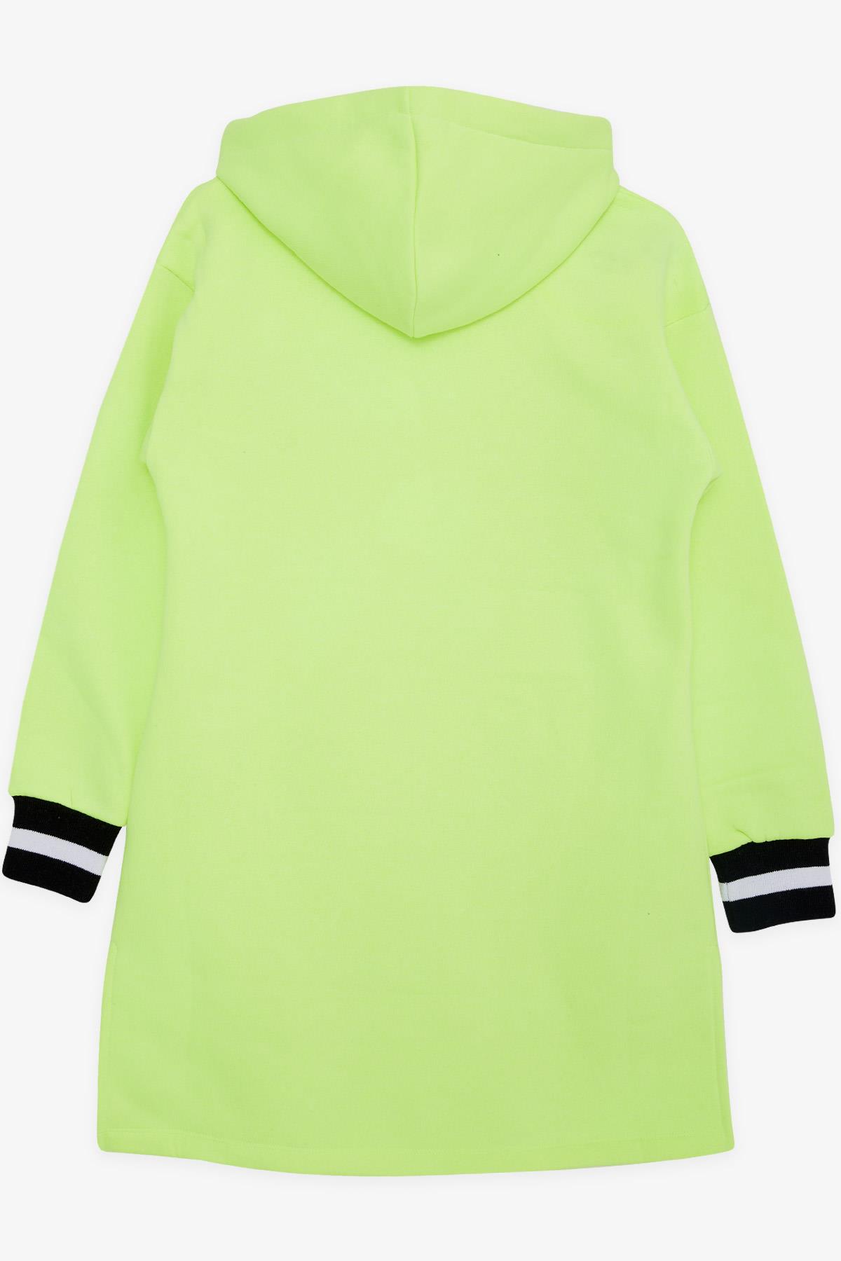 LOCOLOCO Kız Sweat Elbise Kolları Triko Kapüşonlu Yazı Nakışlı Neon Sarı (9-13 Yaş)