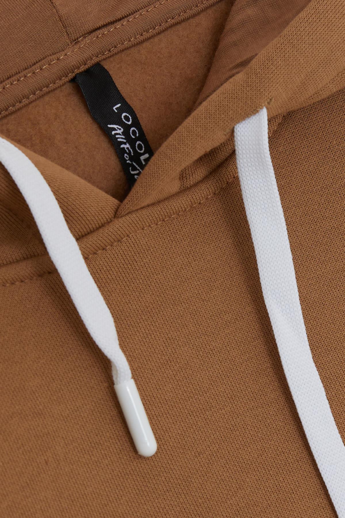 LOCOLOCO Kız Sweat Elbise Kolları Triko Kapüşonlu Yazı Nakışlı Kahverengi (9-14 Yaş)