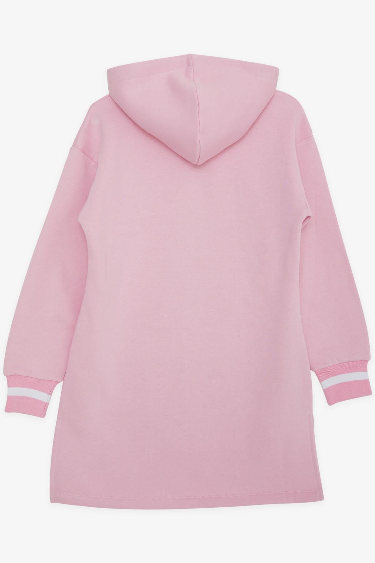 LOCOLOCO Kız Sweat Elbise Kolları Triko Kapüşonlu Yazı Nakışlı Pembe (9-13 Yaş)