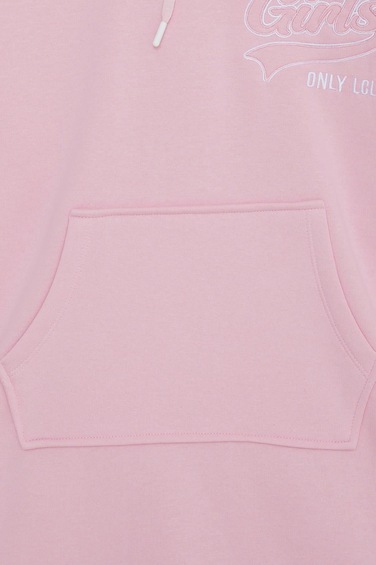 LOCOLOCO Kız Sweat Elbise Kolları Triko Kapüşonlu Yazı Nakışlı Pembe (9-13 Yaş)