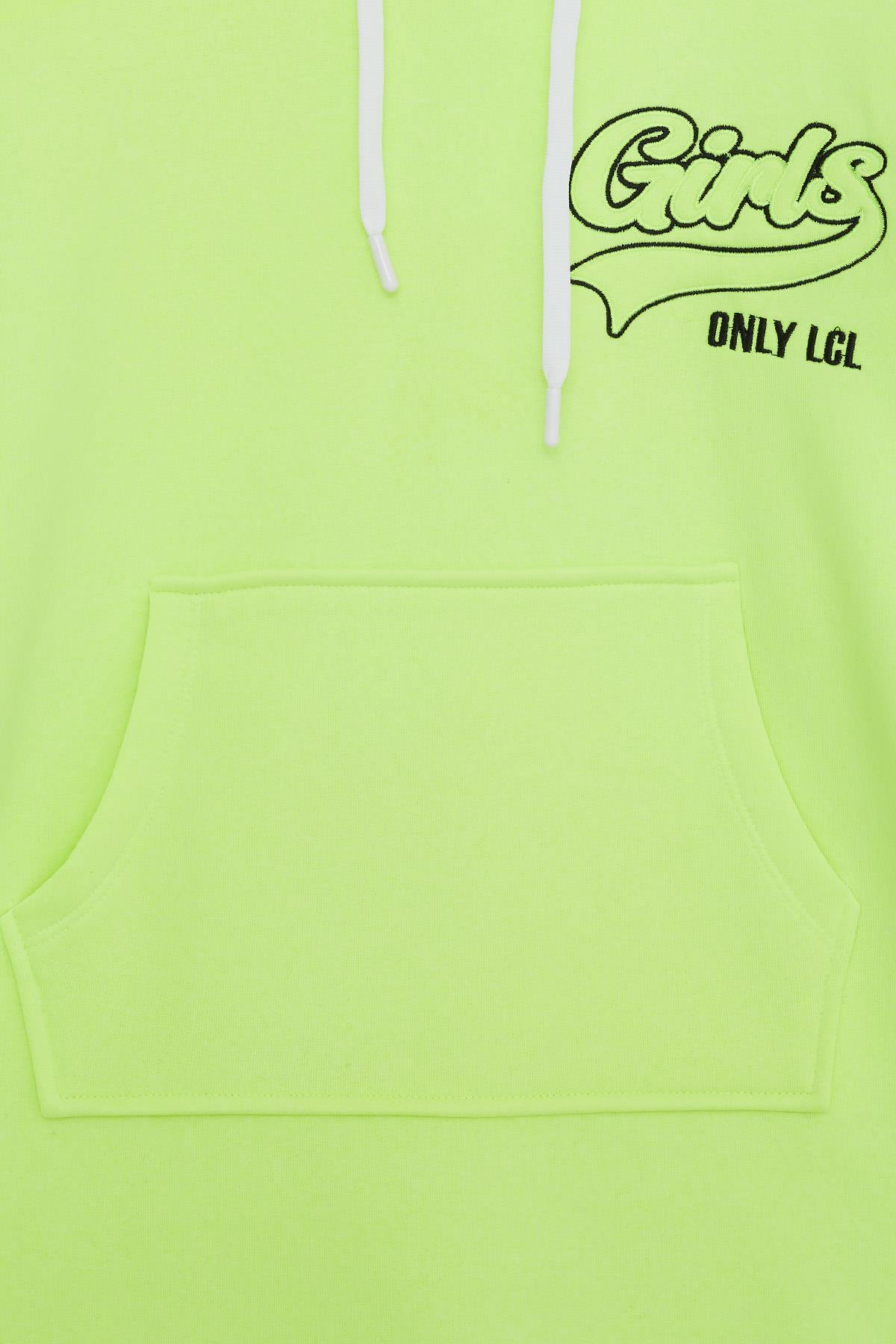 LOCOLOCO Kız Sweat Elbise Kolları Triko Kapüşonlu Yazı Nakışlı Neon Sarı (9-13 Yaş)