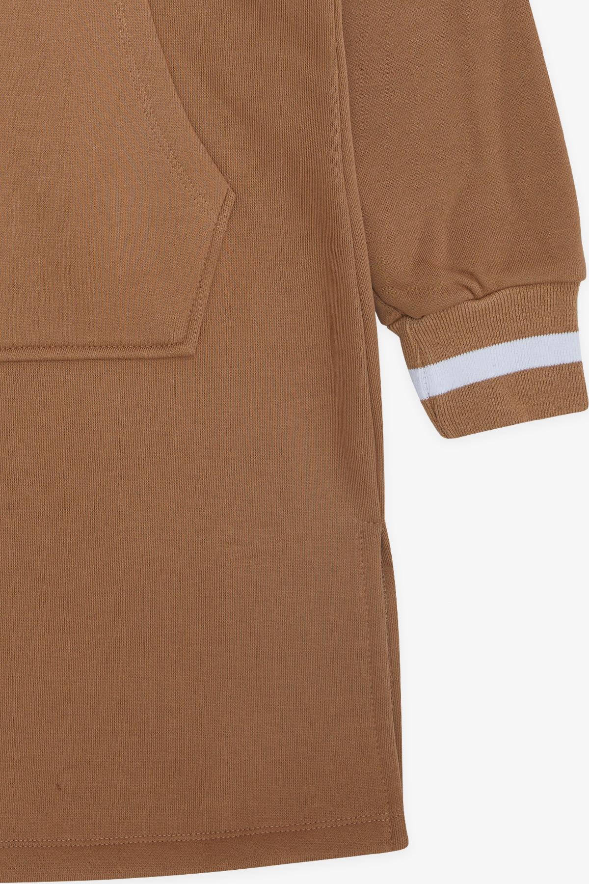 LOCOLOCO Kız Sweat Elbise Kolları Triko Kapüşonlu Yazı Nakışlı Kahverengi (9-14 Yaş)