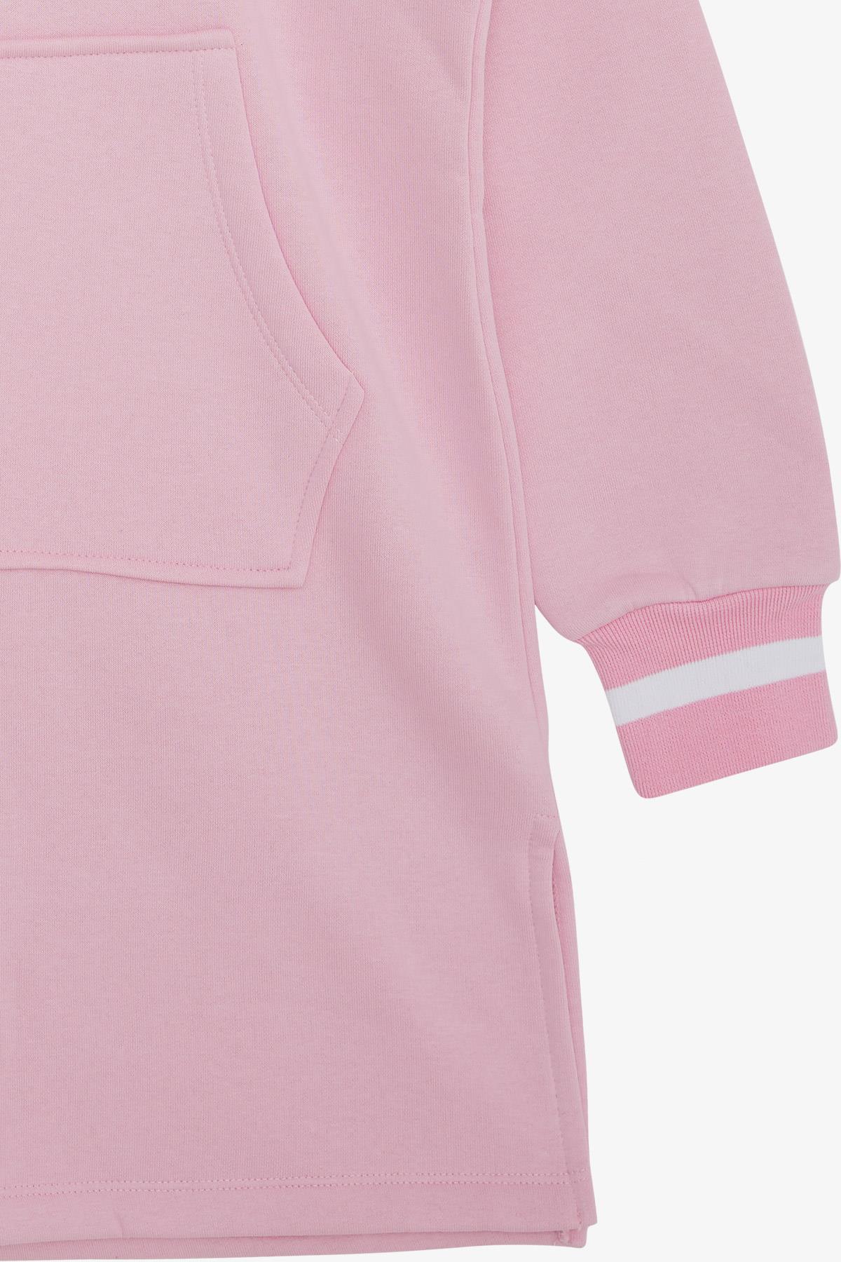 LOCOLOCO Kız Sweat Elbise Kolları Triko Kapüşonlu Yazı Nakışlı Pembe (9-13 Yaş)