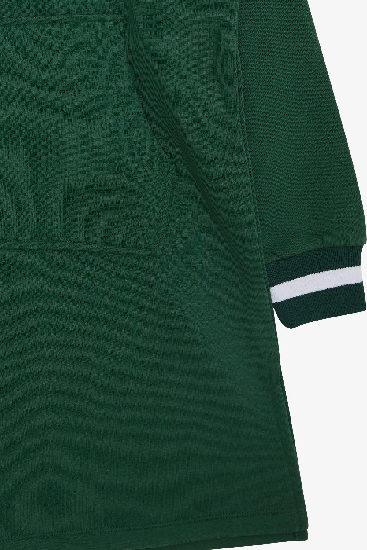 LOCOLOCO Kız Sweat Elbise Kolları Triko Kapüşonlu Yazı Nakışlı Koyu Yeşil (9-13 Yaş)
