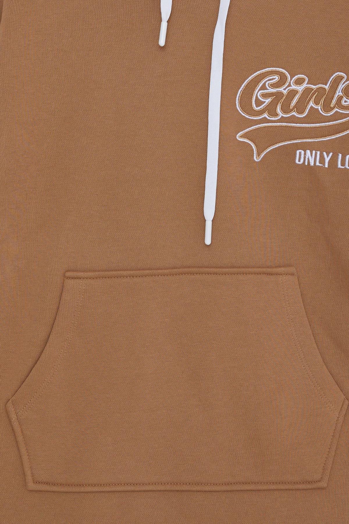 LOCOLOCO Kız Sweat Elbise Kolları Triko Kapüşonlu Yazı Nakışlı Kahverengi (9-14 Yaş)