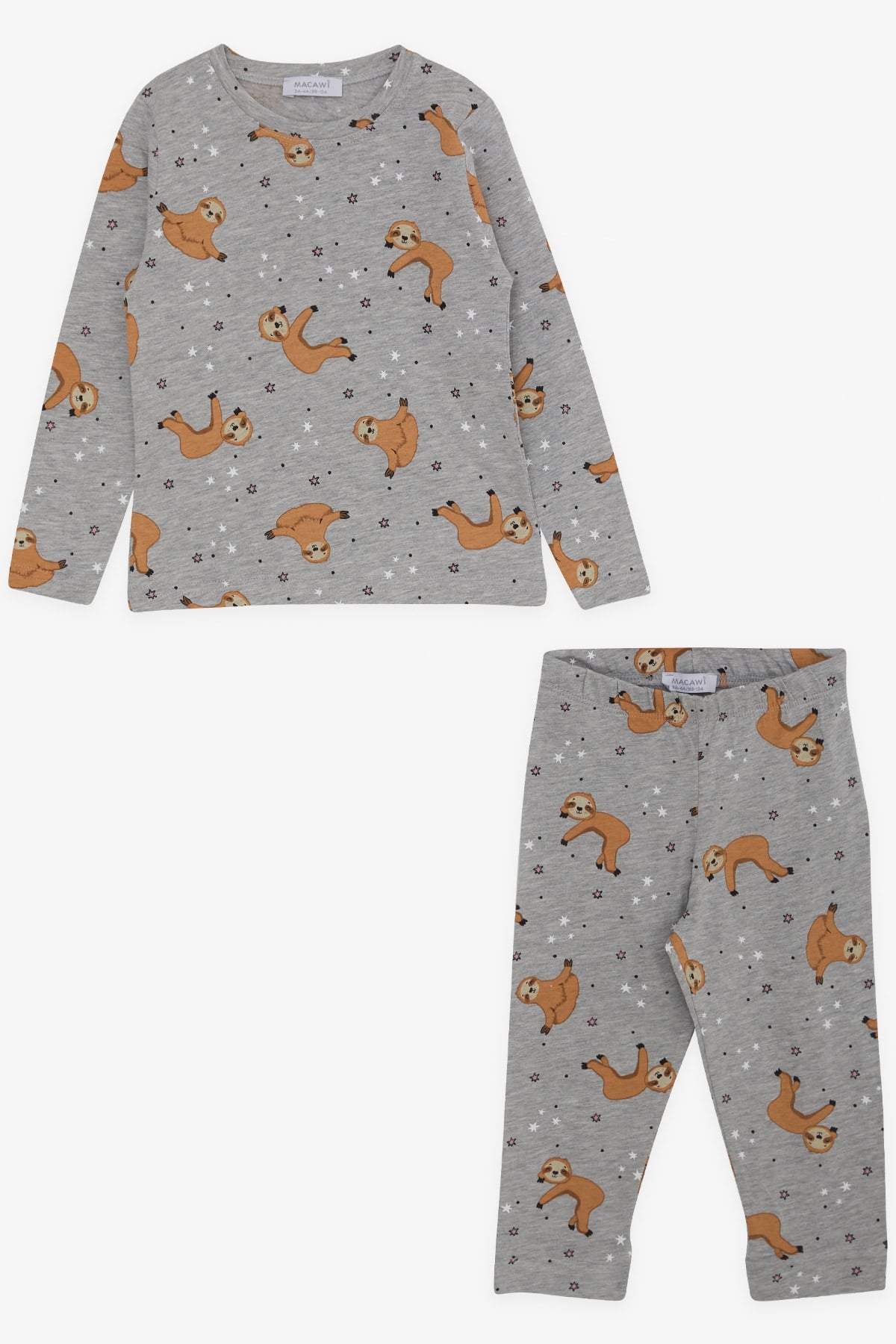 MACAWI Erkek Bebek Pijama Takımı Yıldız Desenli Tembel Hayvancık Gri Melanj (3-7 Yaş)