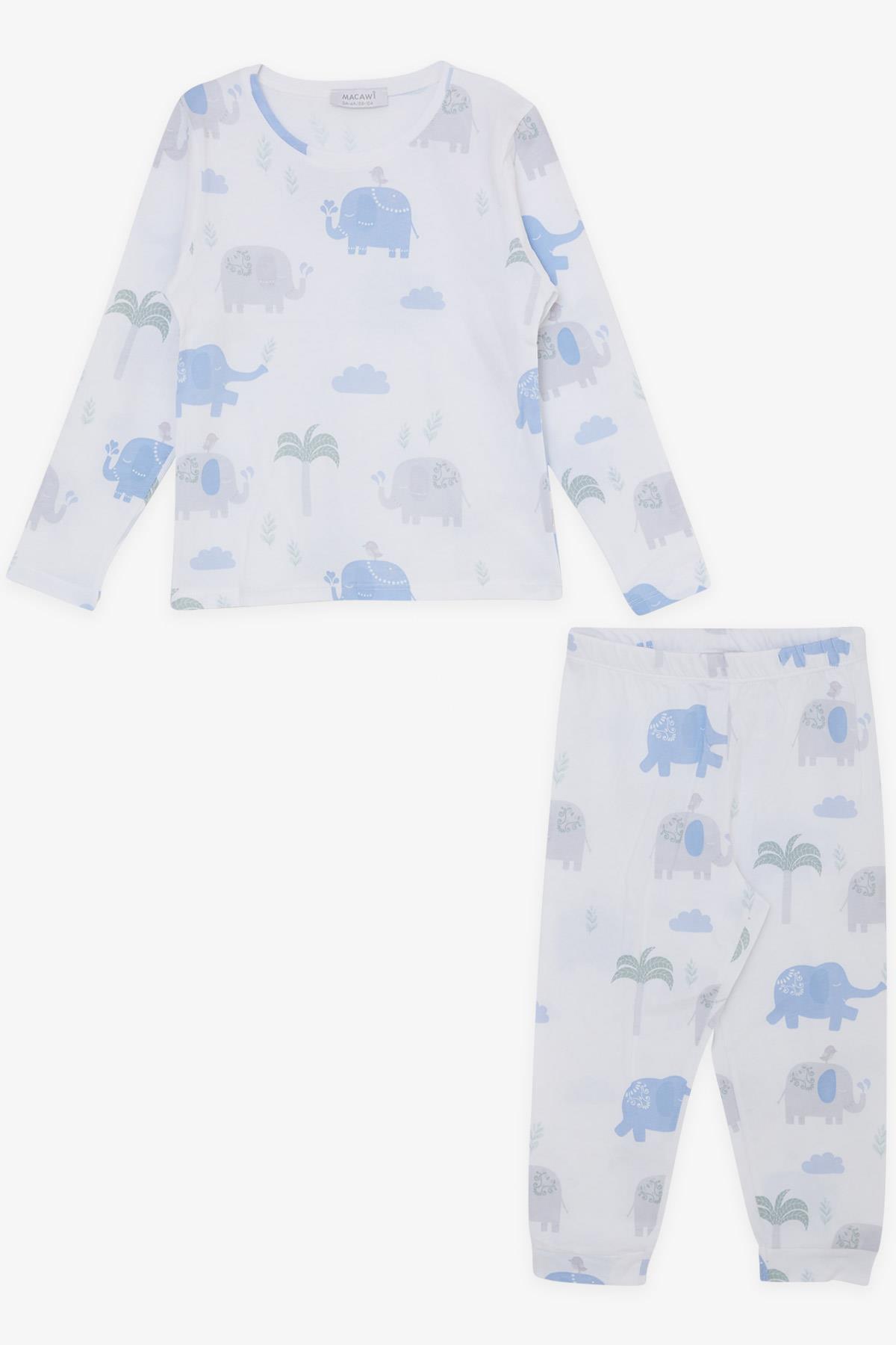 MACAWI Erkek Çocuk Pijama Takımı Dostluk Temalı Fil Baskılı Beyaz (1.5-5 Yaş)