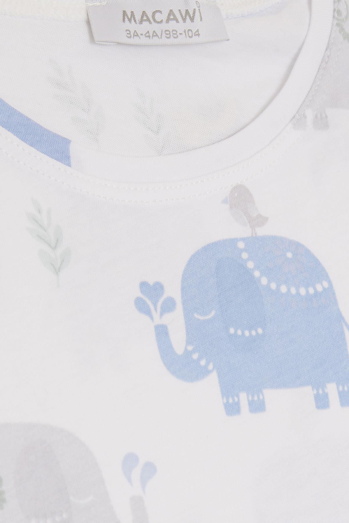 MACAWI Erkek Çocuk Pijama Takımı Dostluk Temalı Fil Baskılı Beyaz (1.5-5 Yaş)