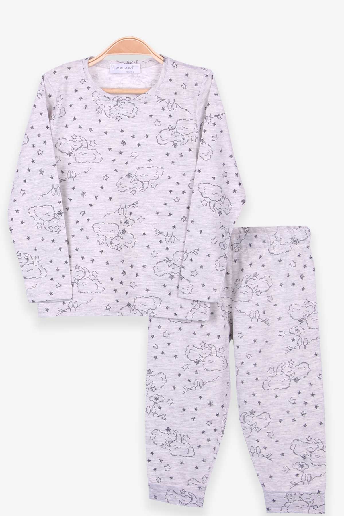 MACAWI Erkek Çocuk Pijama Takımı Gece Temalı Açık Gri Melanj (1.5-5 Yaş)
