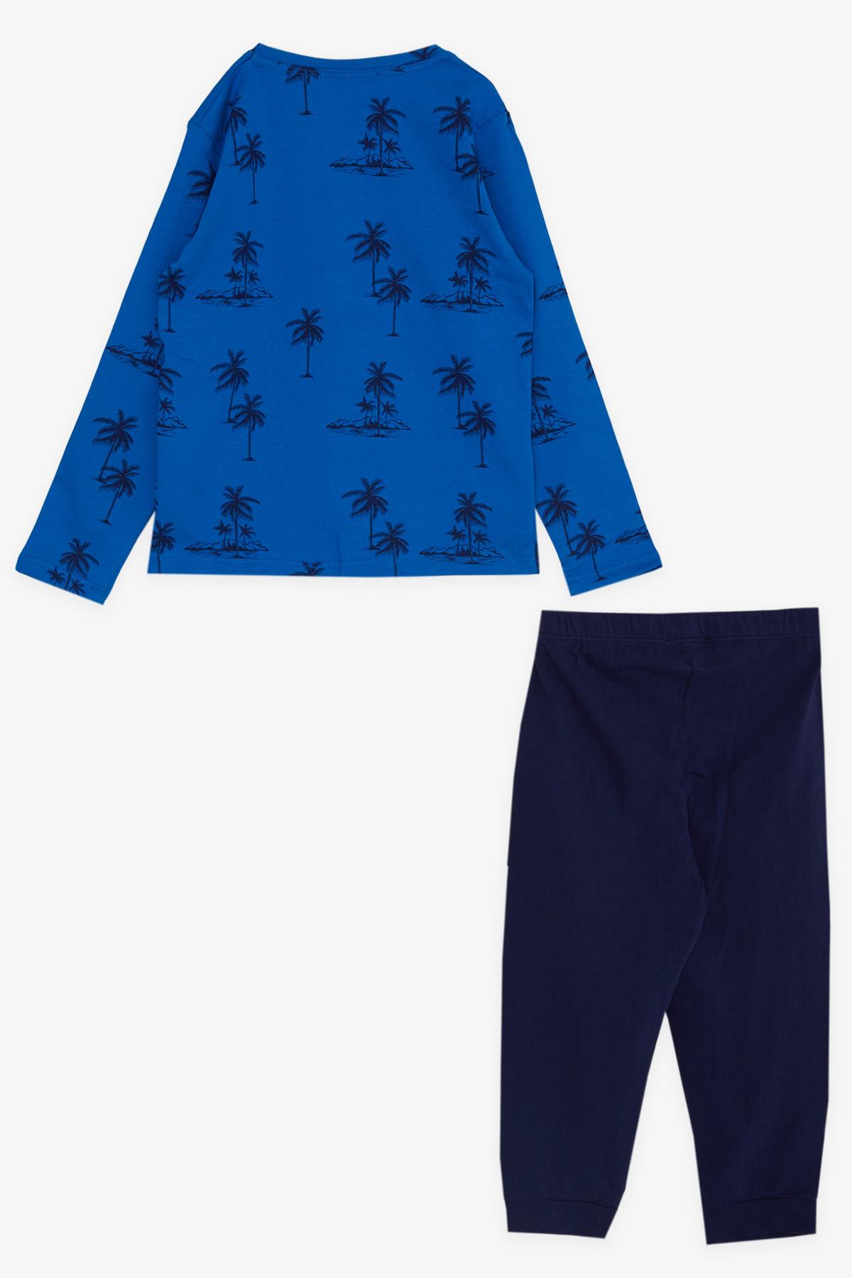 MACAWI Erkek Çocuk Pijama Takımı Palmiye Desenli Saks Mavisi (3-7 Yaş)