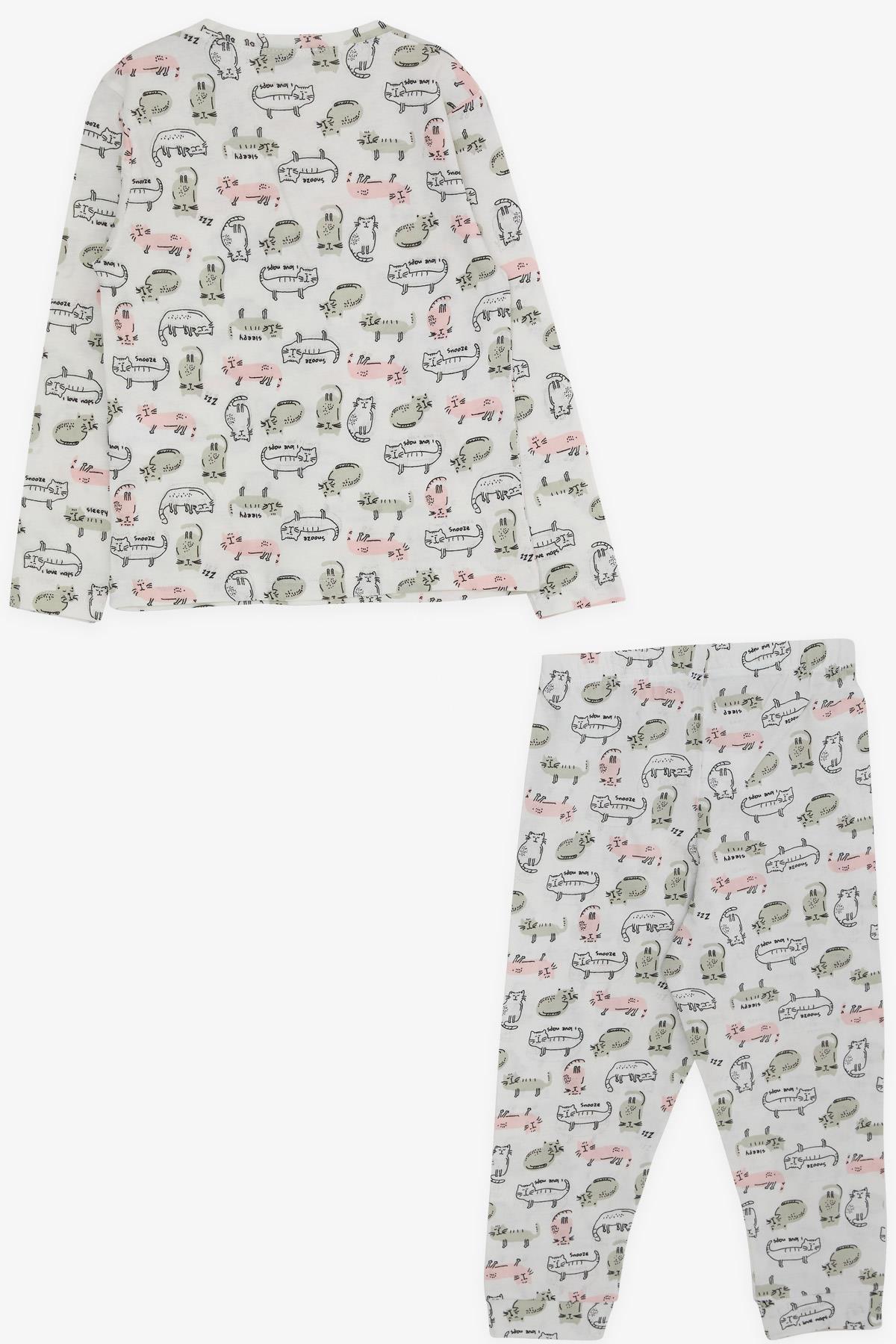MACAWI Erkek Çocuk Pijama Takımı Sevimli Kedicik Desenli Beyaz (1.5-5 Yaş)