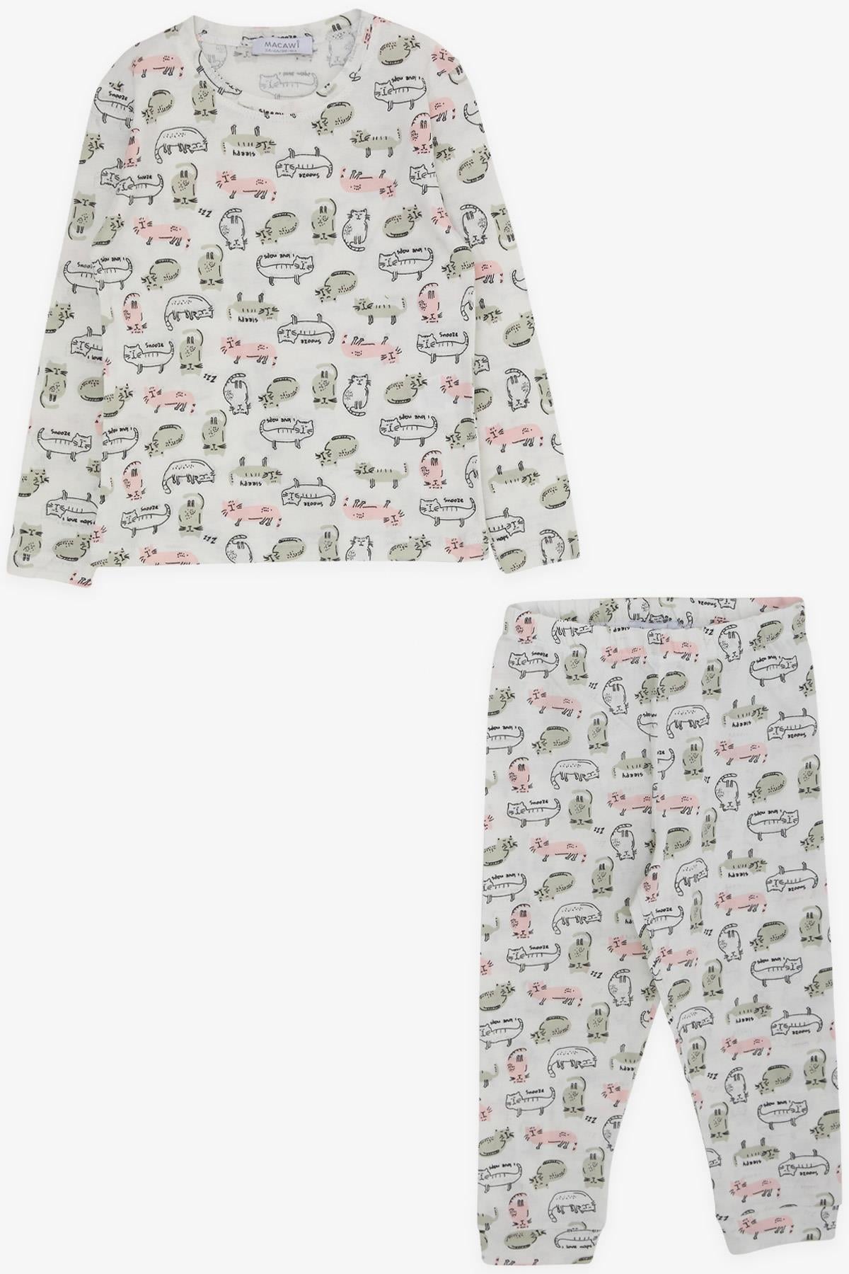 MACAWI Erkek Çocuk Pijama Takımı Sevimli Kedicik Desenli Beyaz (1.5-5 Yaş)