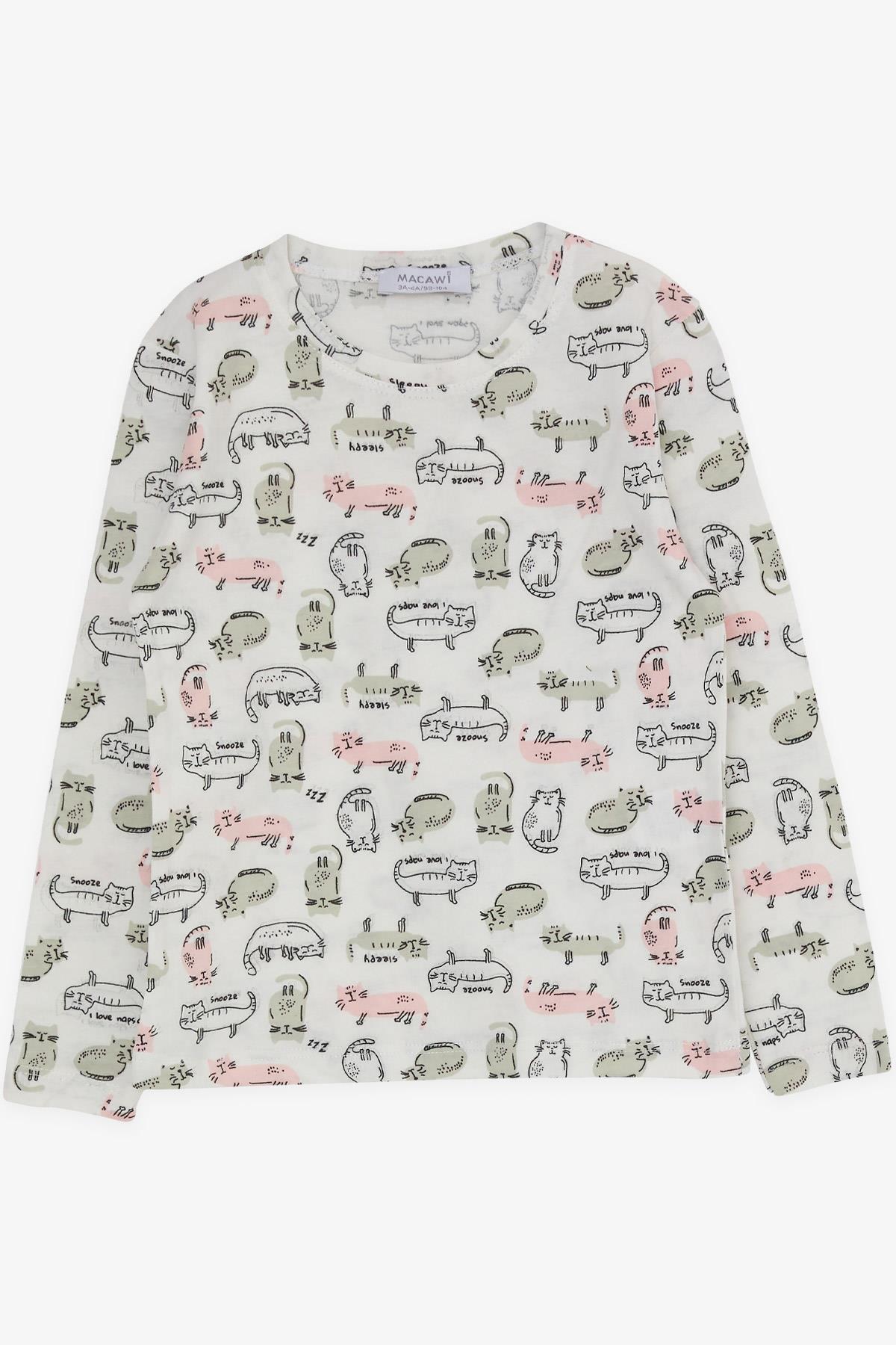MACAWI Erkek Çocuk Pijama Takımı Sevimli Kedicik Desenli Beyaz (1.5-5 Yaş)