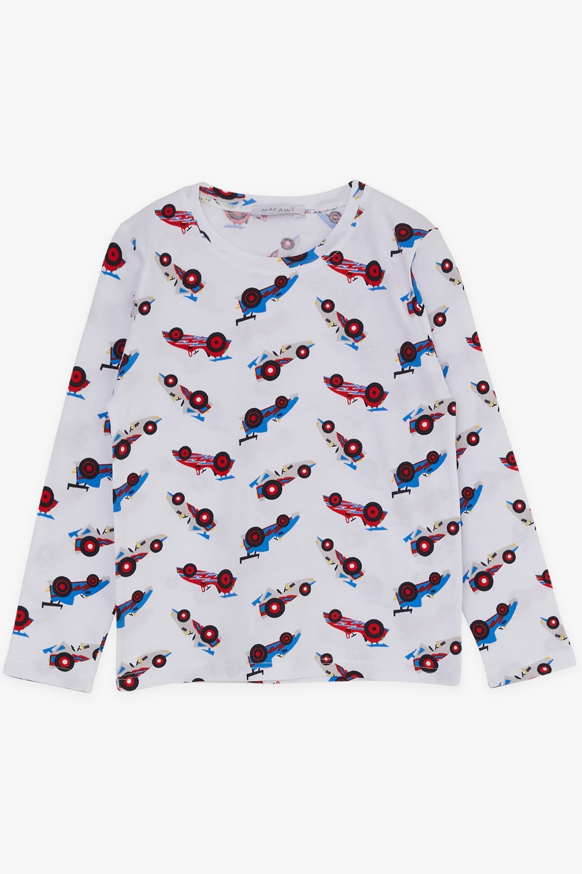 MACAWI Erkek Çocuk Pijama Takımı Yarış Arabası Temalı Beyaz (3-7 Yaş)