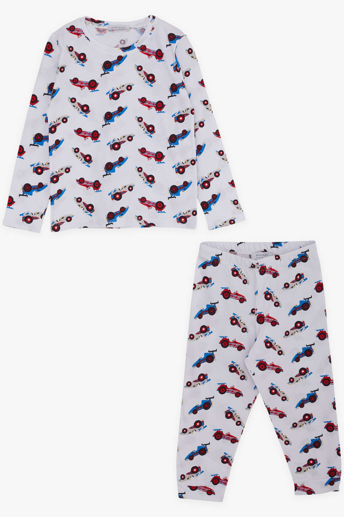 MACAWI Erkek Çocuk Pijama Takımı Yarış Arabası Temalı Beyaz (3-7 Yaş)