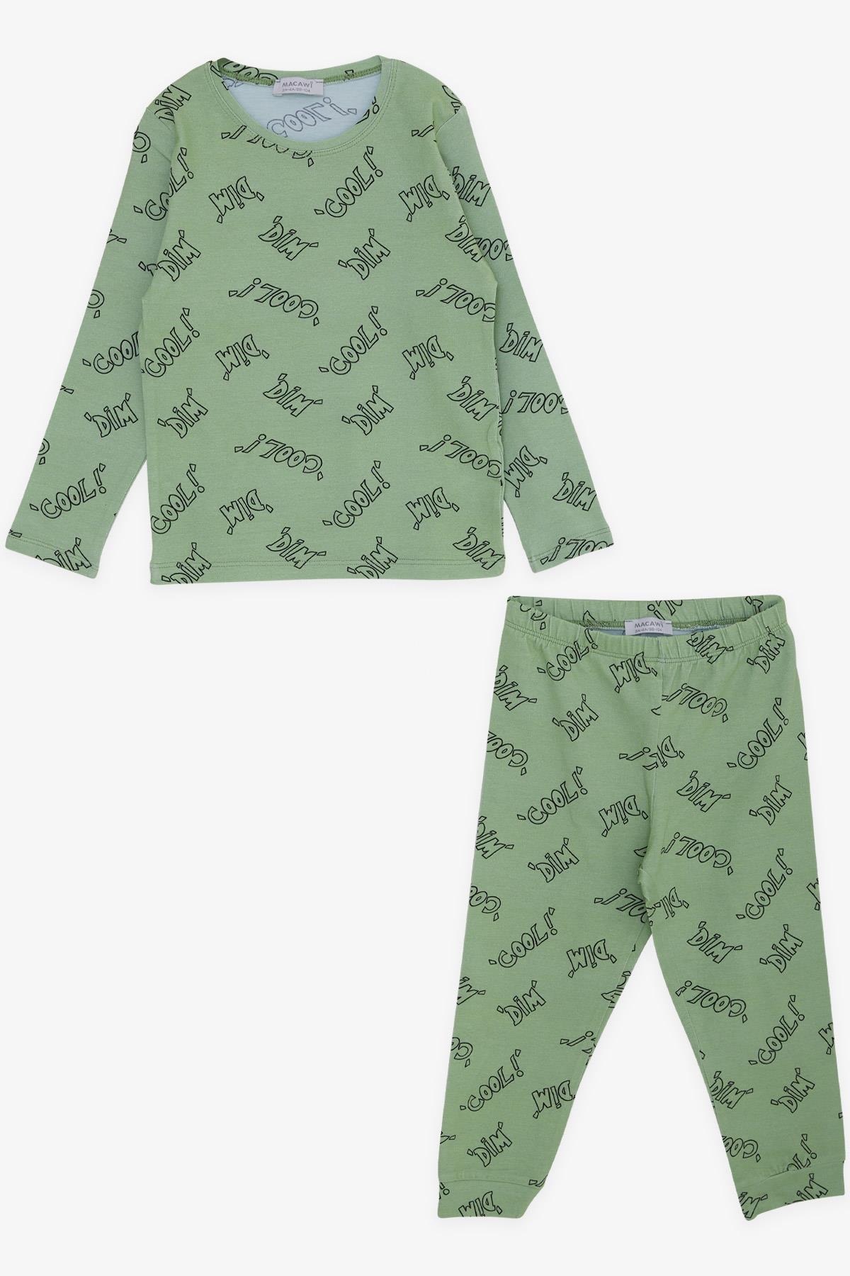 Macawı Erkek Çocuk Pijama Takımı Yazı Desenli Fıstık Yeşili (3-7 Yaş)