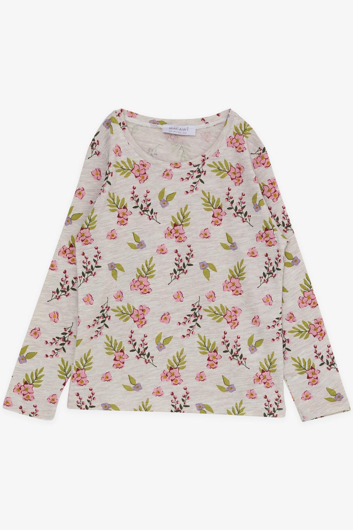 Macawı Kız Çocuk Pijama Takımı Çiçek Desenli Bej Melanj (3-6 Yaş)
