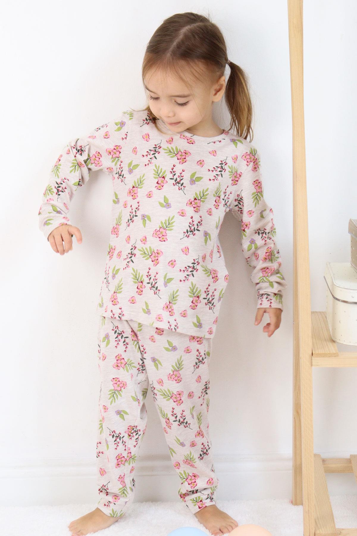 Macawı Kız Çocuk Pijama Takımı Çiçek Desenli Bej Melanj (3-6 Yaş)