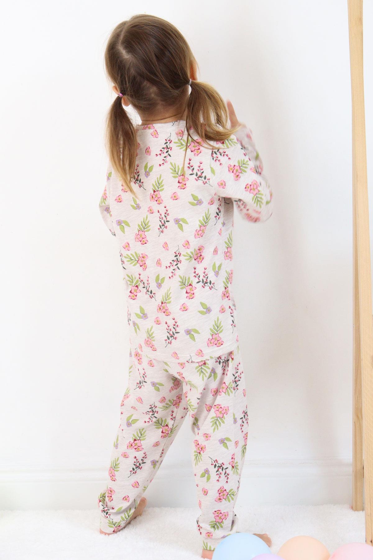 Macawı Kız Çocuk Pijama Takımı Çiçek Desenli Bej Melanj (3-6 Yaş)